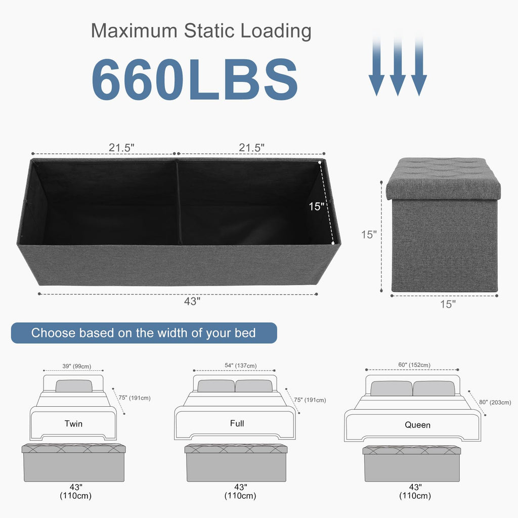 ACCVER 43 Inches Foldable Storage Ottoman Bench - 660lbs Large Padded Seat Foot Rest w/ 154L Storage Chest, for Bedroom, Living Room & Entryway, Linen Grey