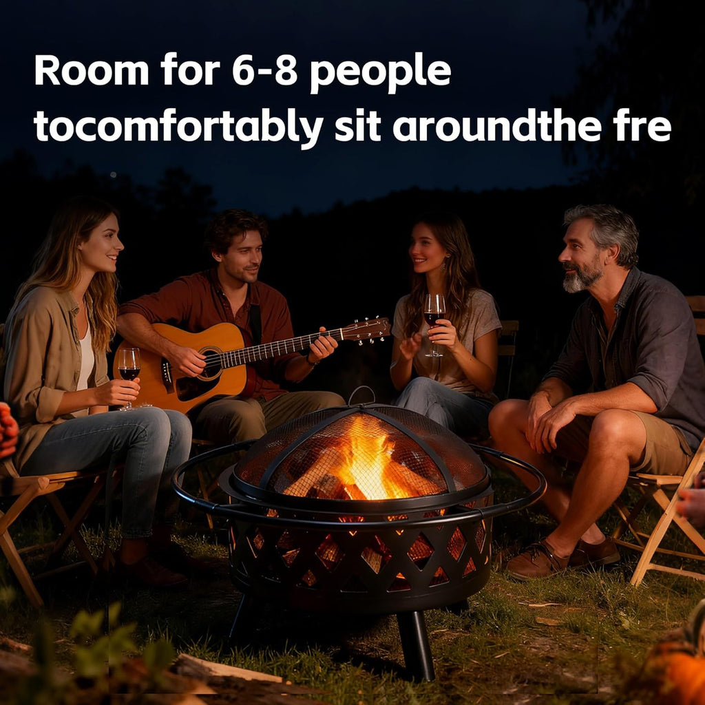 LIFERECORD Circular Steel Fire Pit with Spark Screen - Wood Burning Outdoor Fire Pit with Decorative Cut-Out Design for Patio & Backyard, 36 Inch