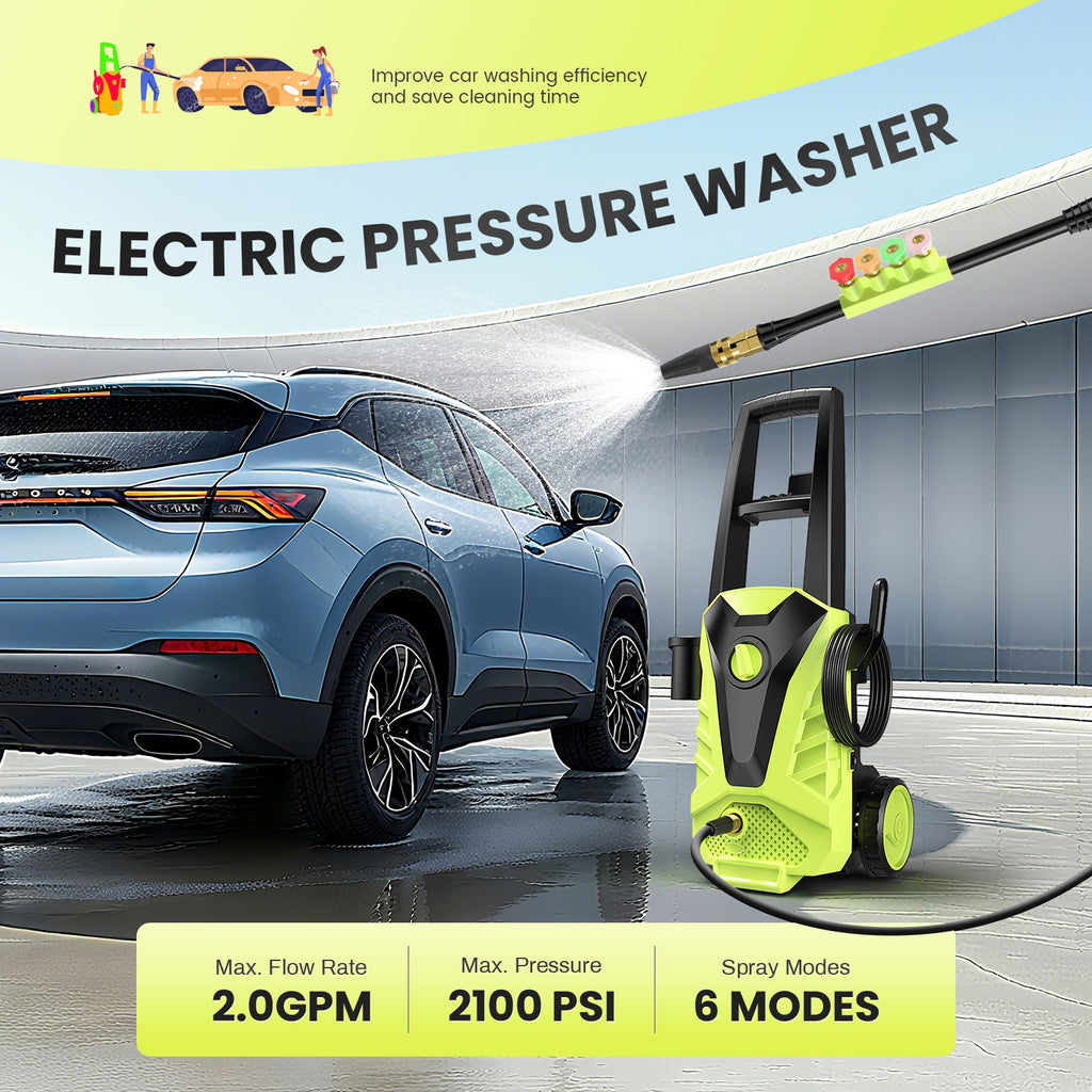LIFERECORD Electric Pressure Washer, 2100 Max PSI 2.0 Max GPM with Foam Cannon, 5 Quick Connect Nozzles, for Cars/Fences/Driveways/Home/Patios, Green