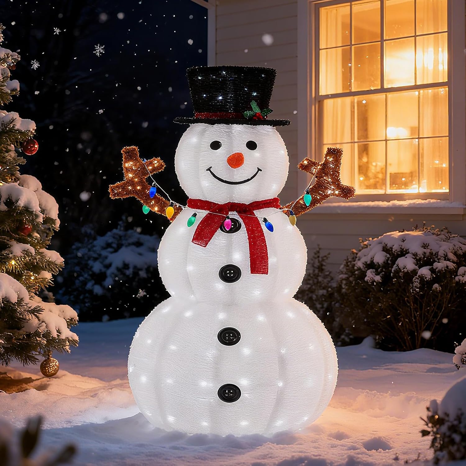 LIFERECORD 5ft Lighted Pop-Up Snowman, Large White Outdoor Christmas Holiday Decoration with 200 LED Lights, Hat, Scarf, Multicolored Lights,White/Red
