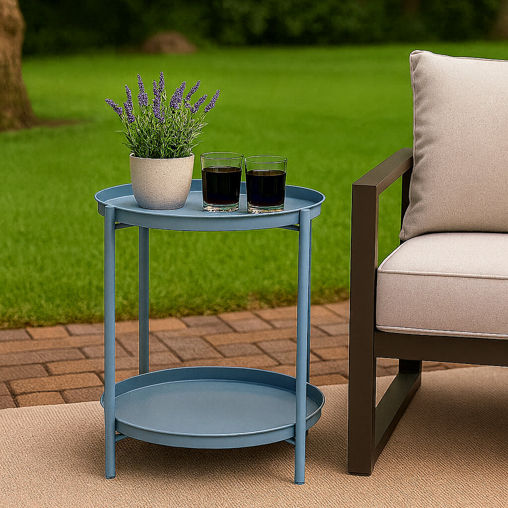 LIFERECORD 2-Tier Round Metal End Table with Removable Tray – Small Space-Saving Side Table for Living Room, Bedroom, Balcony, Patio, Blue