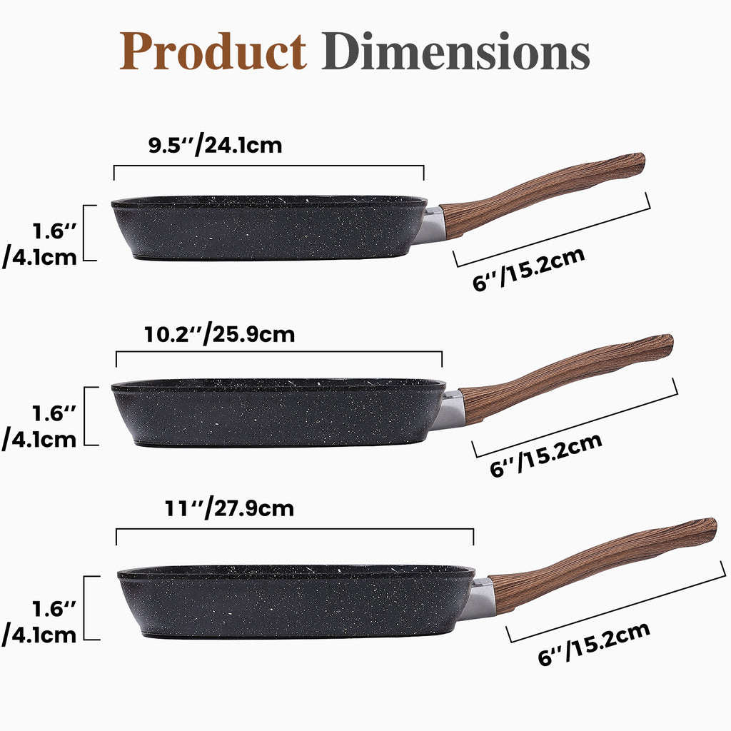 LIFERECORD Non Stick 3-Piece Kitchen Frying pan Skillet Set, 3 Piece Square Grill Pans (9.5", 10", 11") with Removable Handle, Compatible with All Stovetops, Black