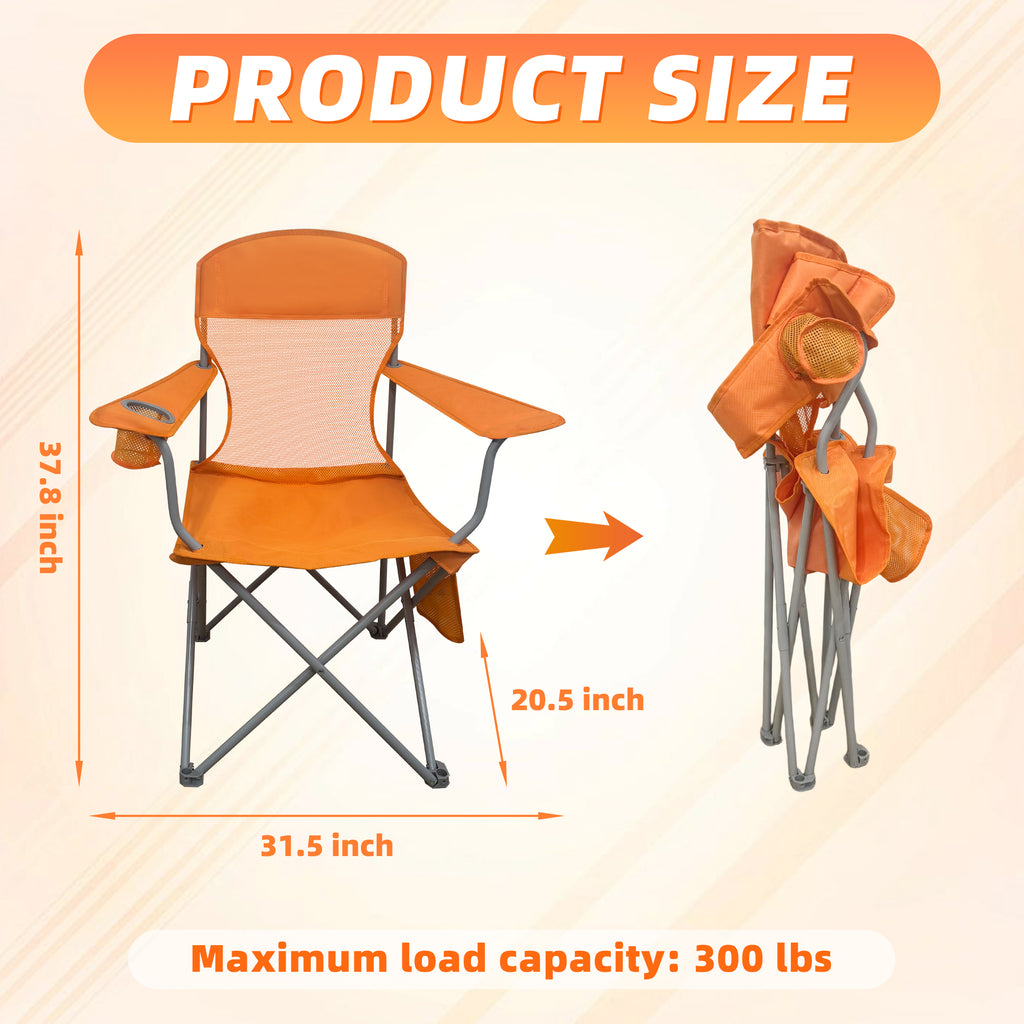 LIFERECORD Portable Camping Chair with Cup Holder & Side Pocket, Lightweight Folding Outdoor Chair for Beach, Fishing, Picnic, Heavy Duty 300LBS Capacity, Orange