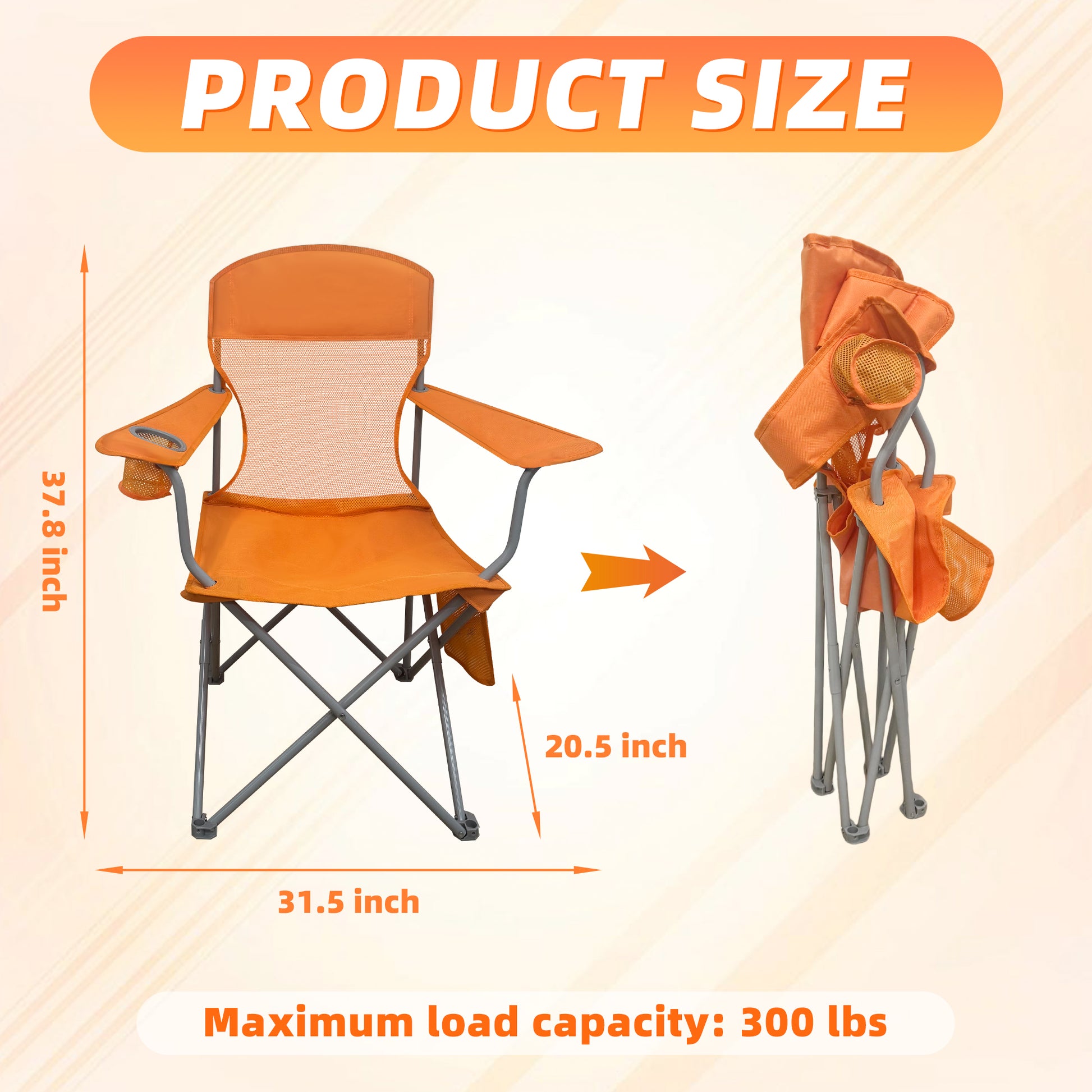 LIFERECORD Portable Camping Chair with Cup Holder & Side Pocket, Lightweight Folding Outdoor Chair for Beach, Fishing, Picnic, Heavy Duty 300LBS Capacity, Orange