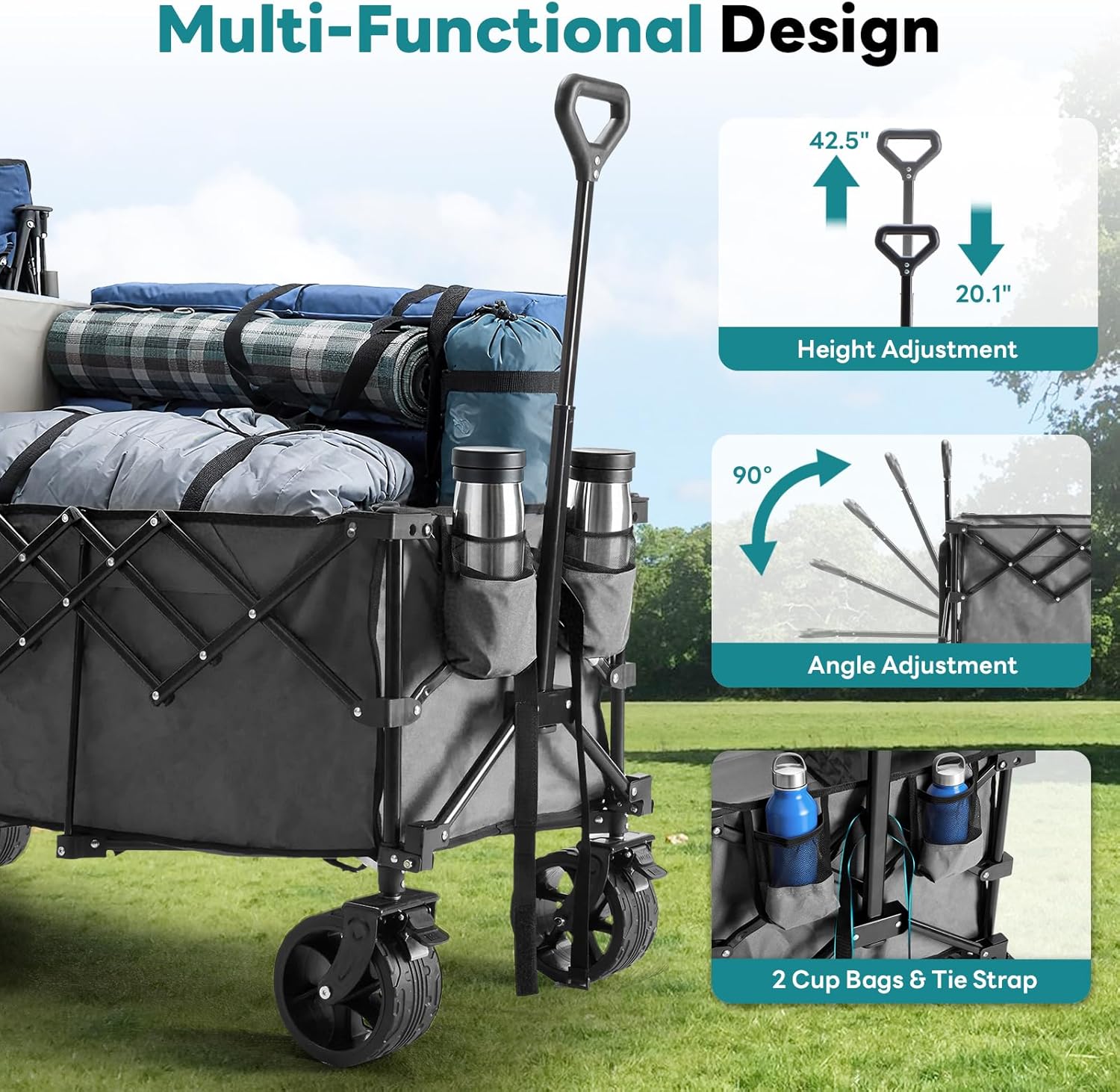 ACCVER Heavy Duty Collapsible Wagon Cart - 440LBS Capacity Folding Utility Cart w/ All-Terrain Wheels for Camping, Beach, Grocery, Sports (Foldable & Portable), Extra Large Grey