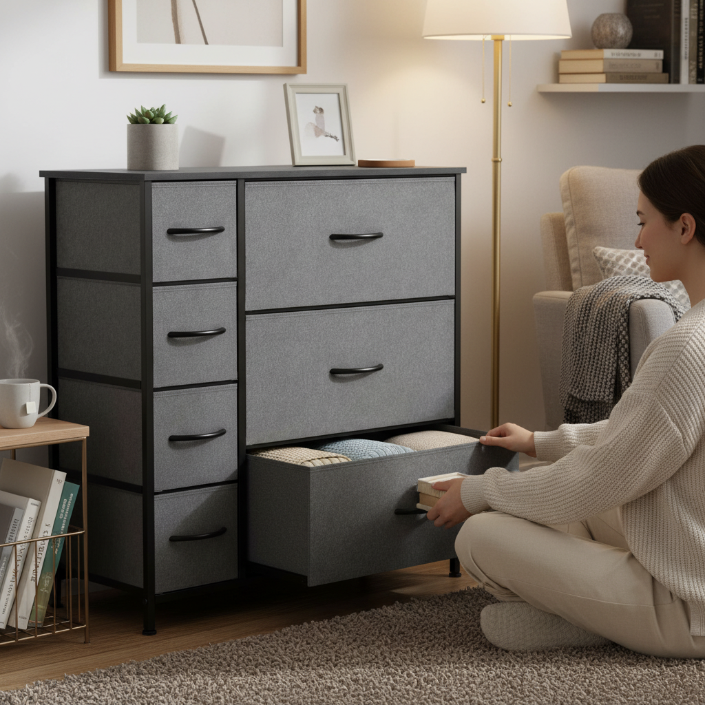 ACCVER 7-Drawer Fabric Dresser with Wood Top & Metal Frame, Closet and Chest for Bedroom, Clothes Storage Organizer, for Living Room, Apartment,Black