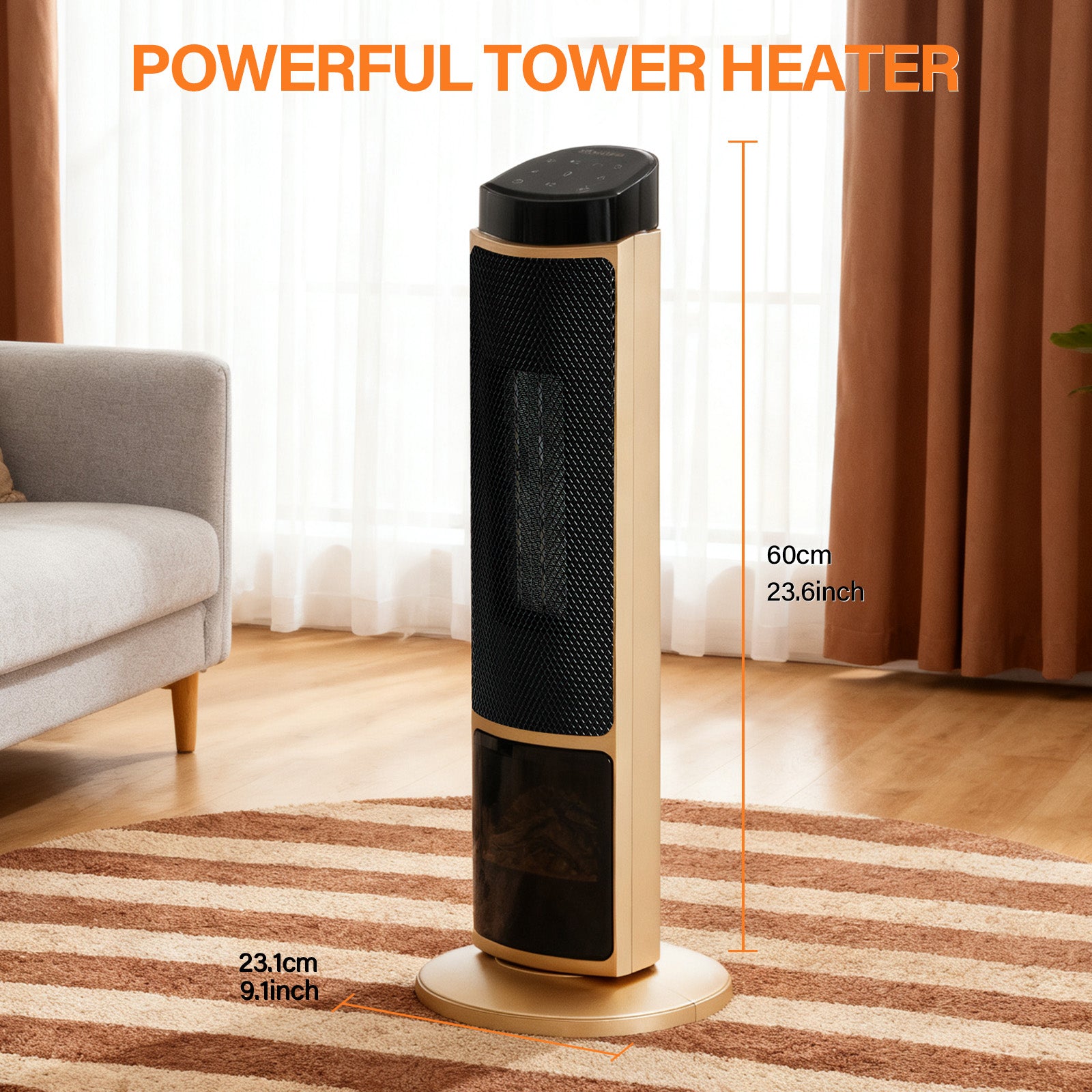 LIFERECORD Oscillating Space Heater with Remote, 70° Wide-Angle Heating, Quiet Portable Indoor Heater with Tip-Over Protection for Office & Home, Gold