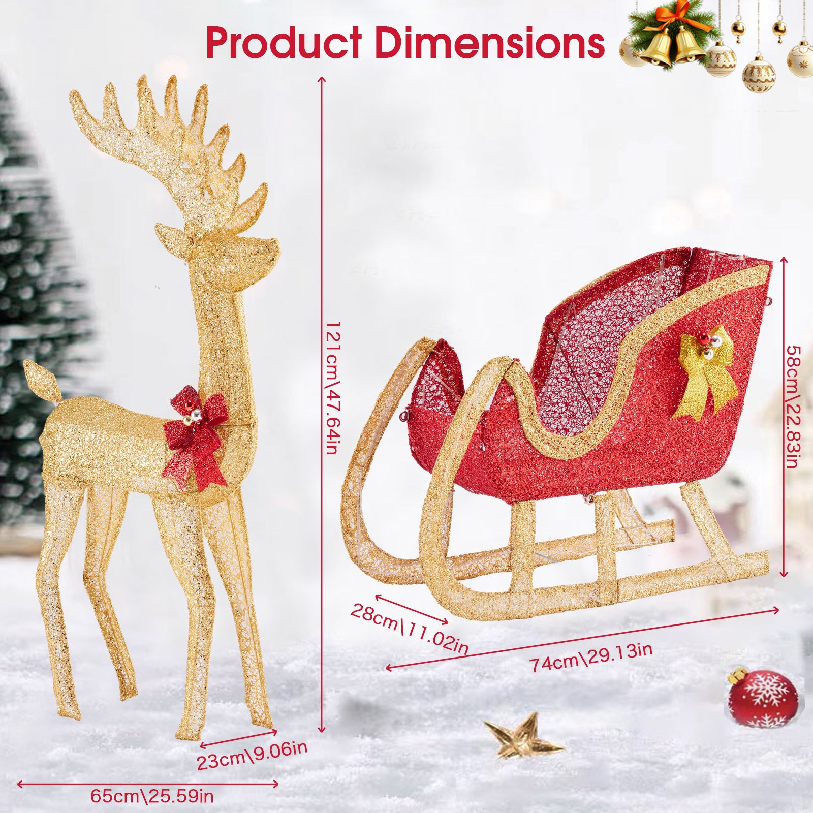 LIFERECORD 4 FT Christmas Lighted Reindeer & Santa's Sleigh, Indoor/Outdoor Xmas Pre-Lit Yard Decoration with 180 LED Lights, Stakes & Zip Ties, Festive Holiday Decoration for Lawn & Garden, Gold