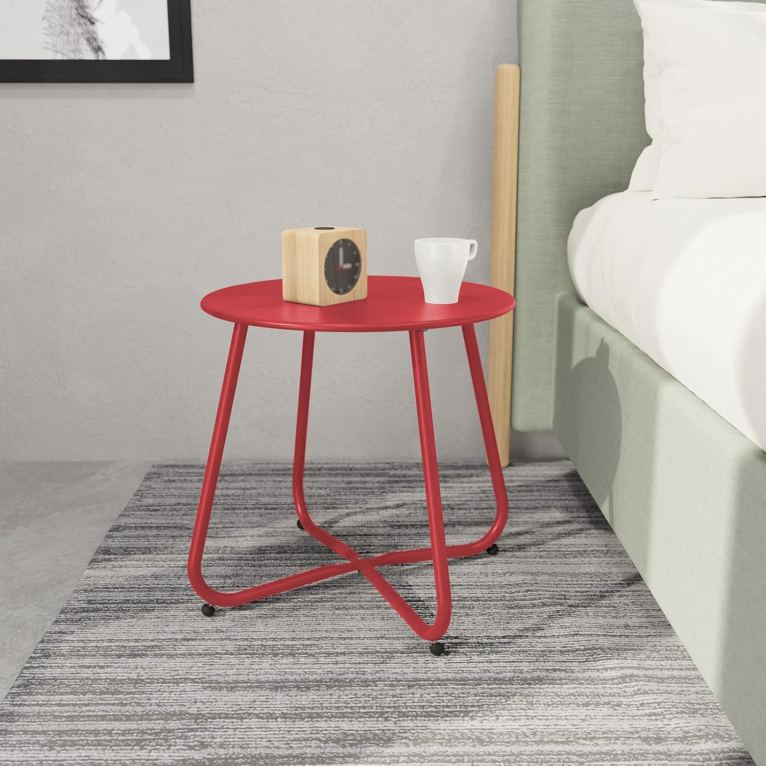 ACCVER Outdoor Side Table, 18-inch Small Round Side Snack Table with Adjustable Feet, Anti-Rust Metal End Accent Table for Patio Porch Balcony, Red