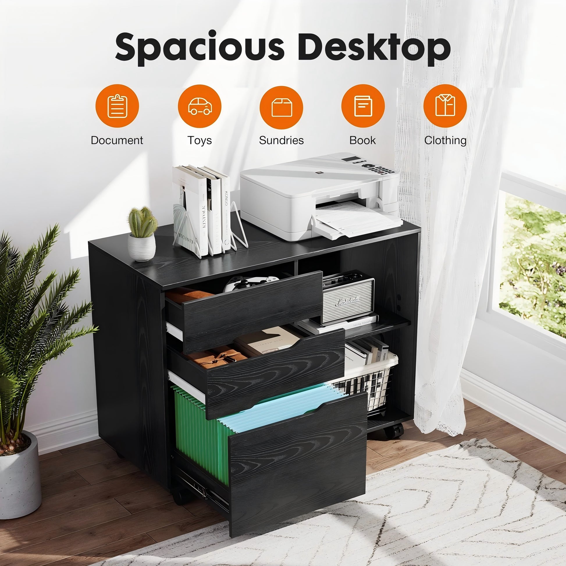 LIFERECORD 3-Drawer Lateral File Cabinet with Wheels, Mobile Rolling File Cabinet with Adjustable Shelf, Printer Stand for Home Office, Under Desk Storage Organizer, Wood Filing Cabinet Black