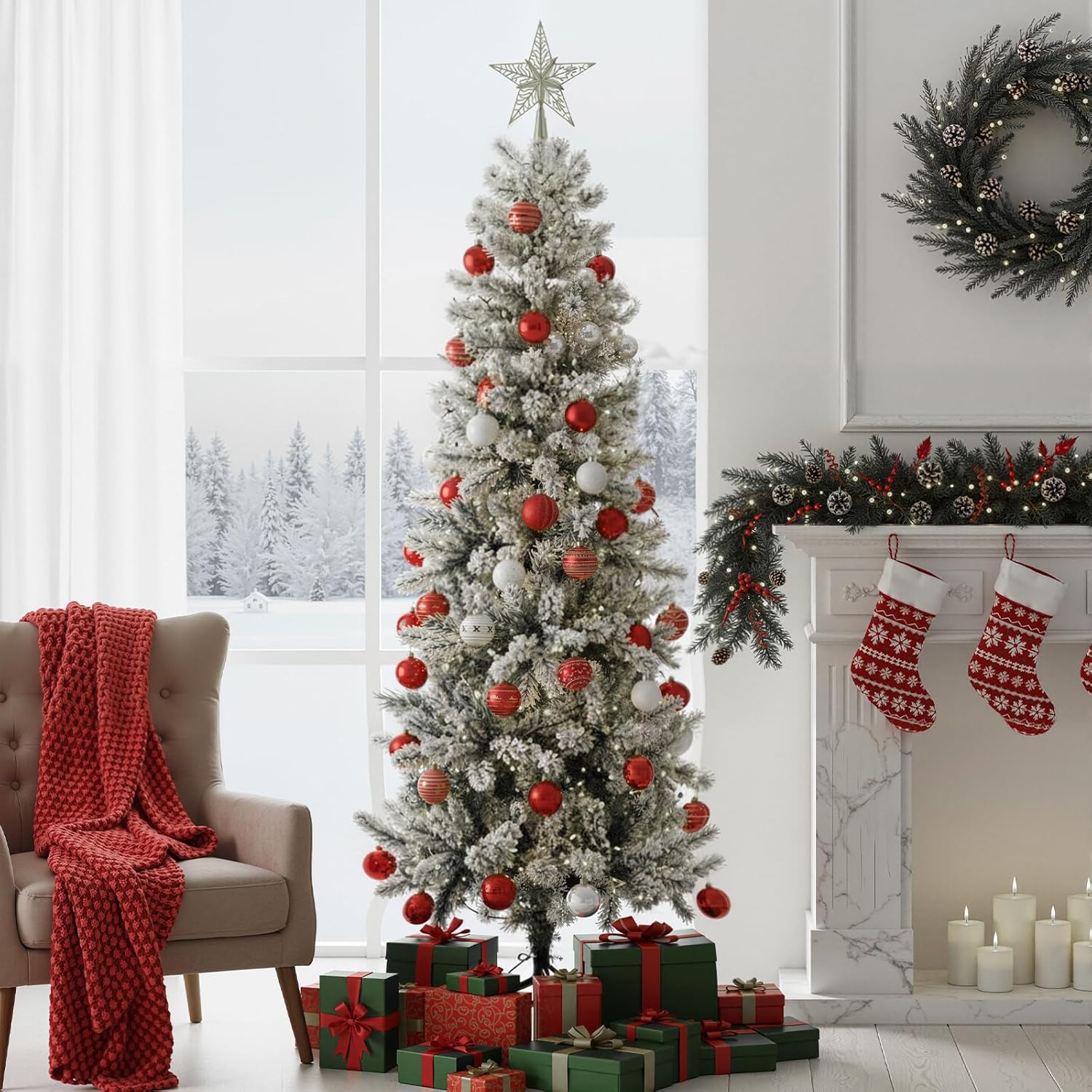 LIFERECORD 6ft Prelit Artificial Hinged Slim Pencil Christmas Tree with 250 Lights, 571 Full Branch Tips, 8 Warm Lingting Motes Perfect Decoration for Xmas Holiday, White