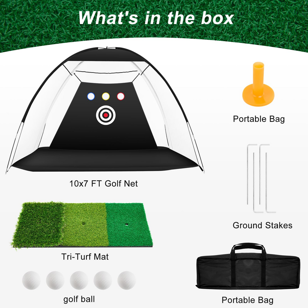LIFERECORD 10x7ft Golf Net with Tri-Turf Mat, 5 Golf Balls, Carry Bag, Durable Backyard Driving Range for Adults Kids, Portable All-in-1 Home Golf Training Aid with 4 Targets