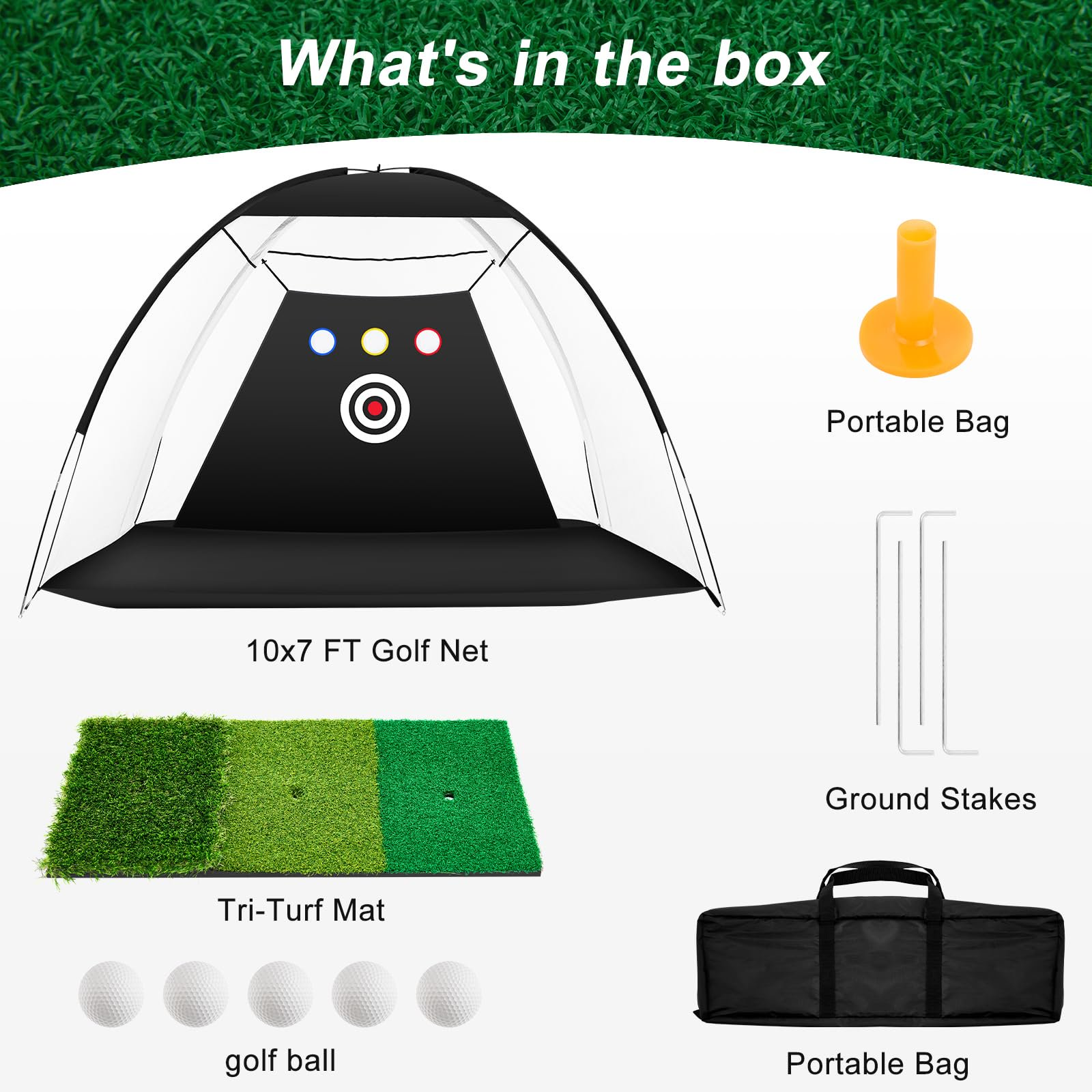 LIFERECORD 10x7ft Golf Net with Tri-Turf Mat, 5 Golf Balls, Carry Bag, Durable Backyard Driving Range for Adults Kids, Portable All-in-1 Home Golf Training Aid with 4 Targets