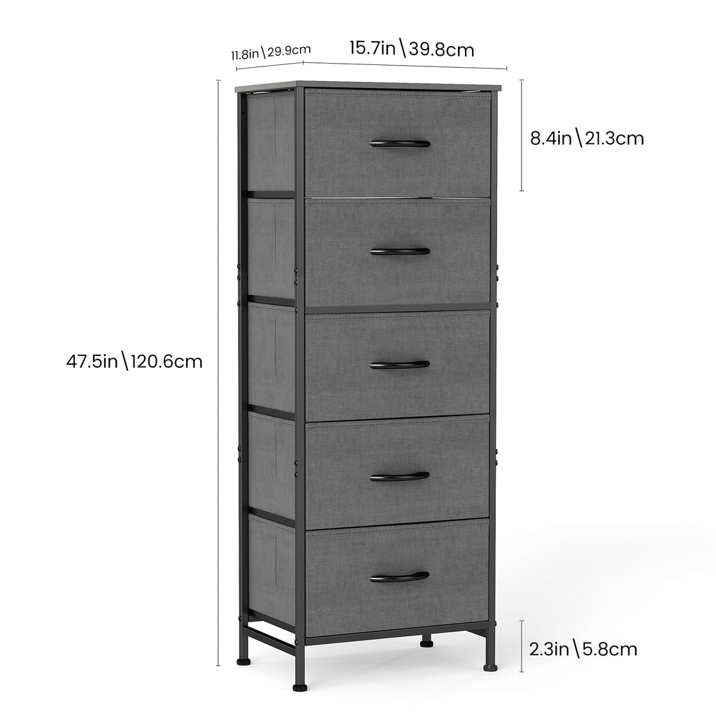 ACCVER Dresser for Bedroom 5 Storage drawer, Fabric Closet Chests Organizer Tower with Wooden Top Metal Frame for Living Room Hallway Entryway, Gray