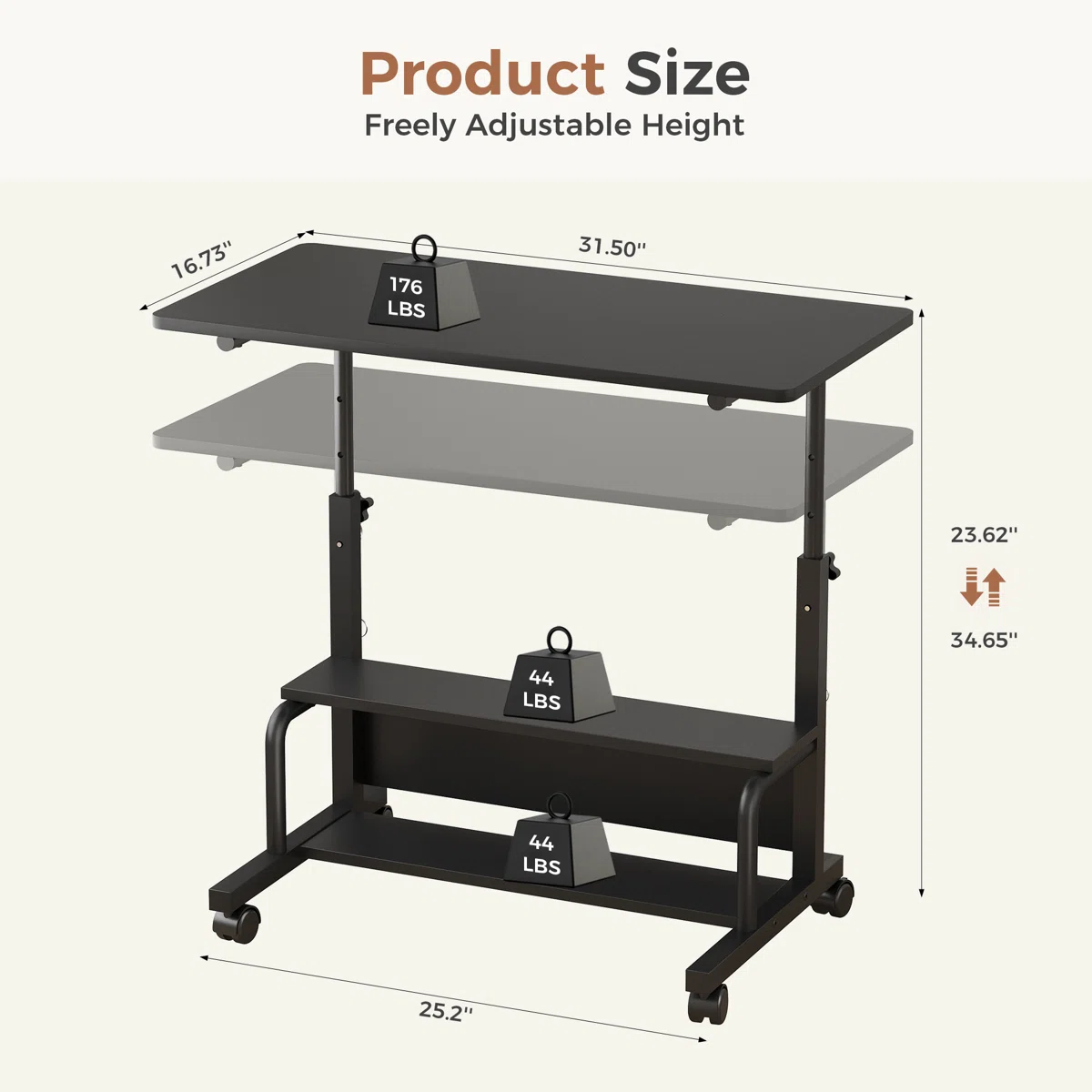 LIFERECORD Adjustable Height Standing Desk 31.5", Portable Rolling Desk on Wheels, Mobile Computer Desk with Lockable Wheels & 2-Tier Storage for Small Spaces Home Office