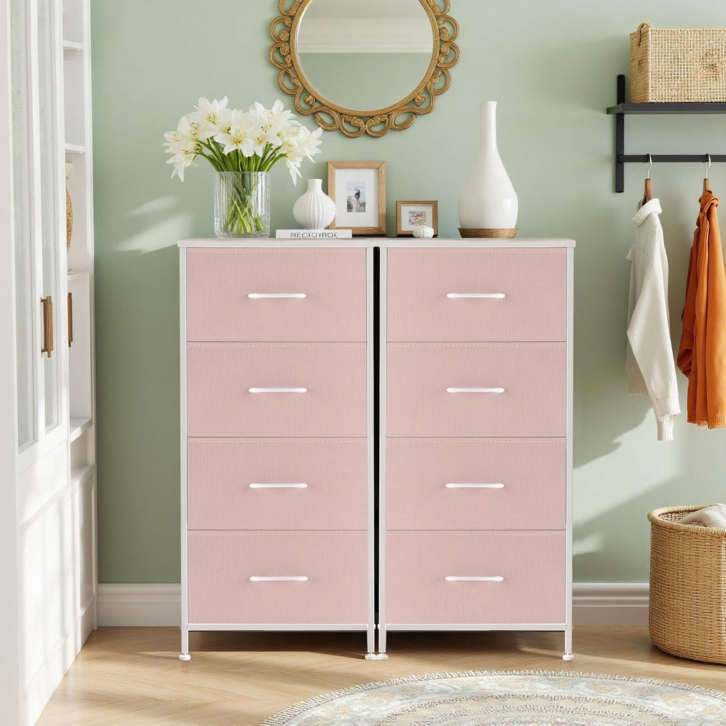 ACCVER Dresser for Bedroom 4 Storage drawer, Fabric Closet Chests Organizer Tower with Wooden Top Metal Frame for Living Room Hallway Entryway, Pink