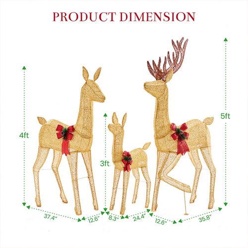 LIFERECORD 3-Piece 2D Lighted Christmas Deer Family Set - Large Outdoor Yard Reindeer Holiday Decoration with 360 LED Lights, Stakes, Zip Ties - Gold