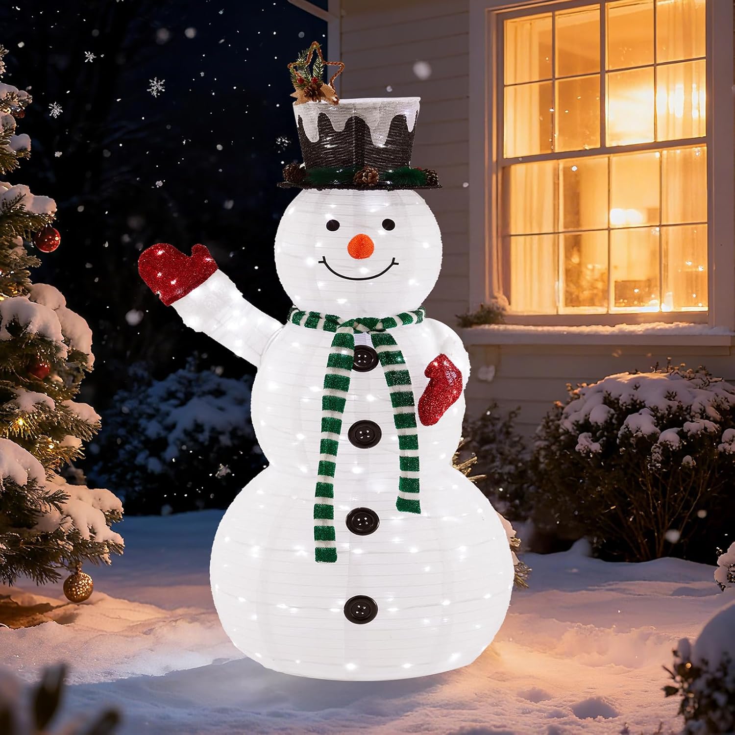 LIFERECORD 5ft Lighted Pop-Up Snowman, Large White Outdoor Christmas Holiday Decoration with 200 LED Lights, Hat, Scarf, Multicolored Lights,White/Green