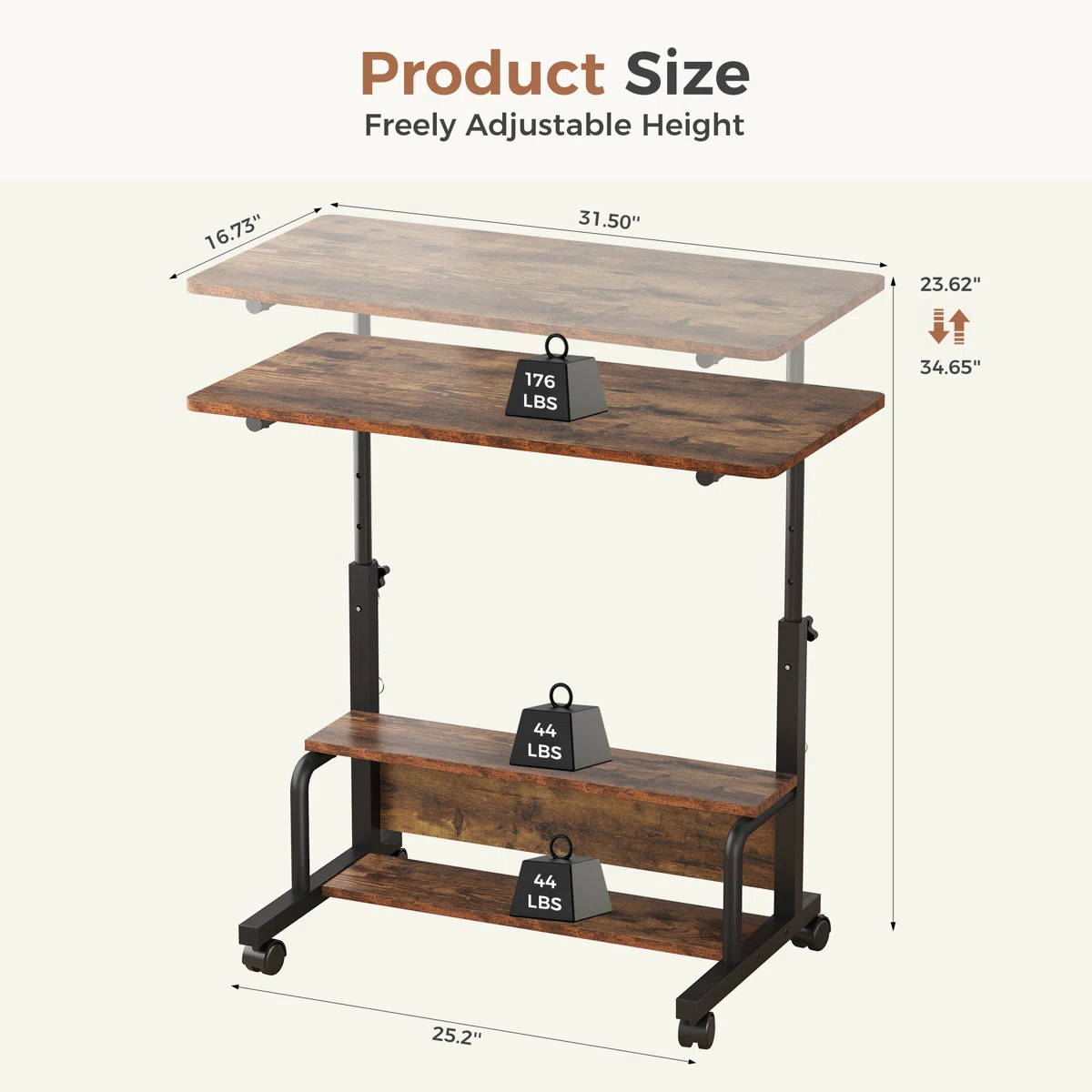 LIFERECORD Adjustable Height Standing Desk 31.5", Portable Rolling Desk on Wheels, Mobile Computer Desk with Lockable Wheels & 2-Tier Storage for Small Spaces Home Office