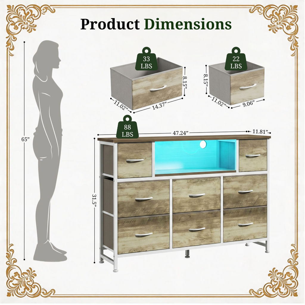 LIFERECORD Dresser TV Stand for 45-55 Inch, Chest of Drawers with LED Lights & USB Ports,, Entertainment Center with Charging Station, Wood Top Media Console for Bedroom