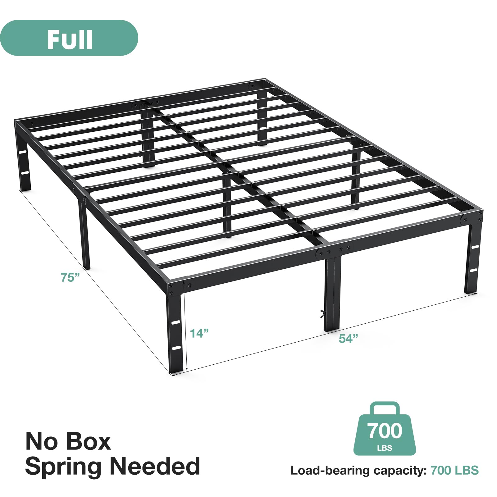 ACCVER Full Size Bed Frame - 14in Heavy-Duty Steel Platform, Ample Under-Bed Storage Space, No Box Spring Needed, Sturdy Metal Slat Support