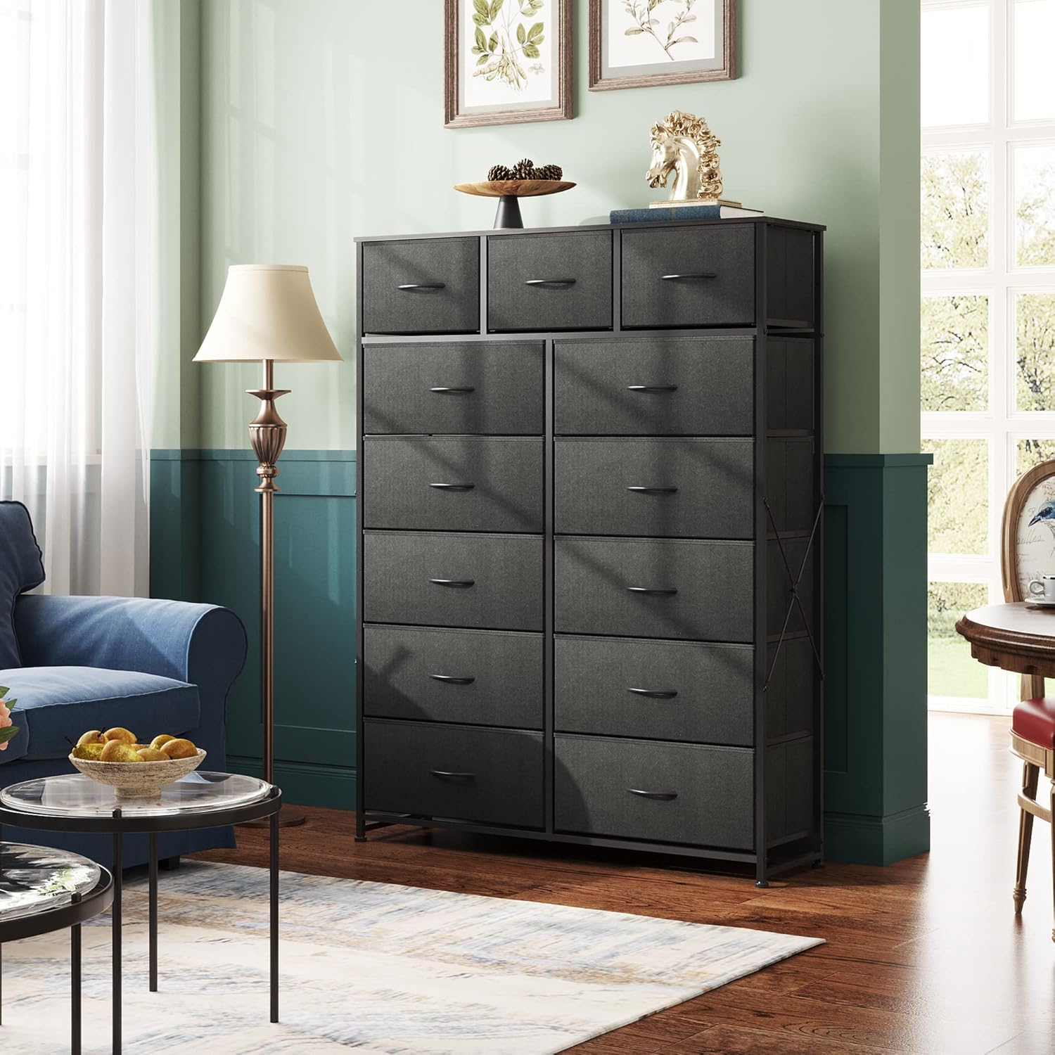 ACCVER 13-Drawer Fabric Dresser with Wood Top & Metal Frame, Closet and Chest for Bedroom, Clothes Storage Organizer, for Living Room, Apartment,Black