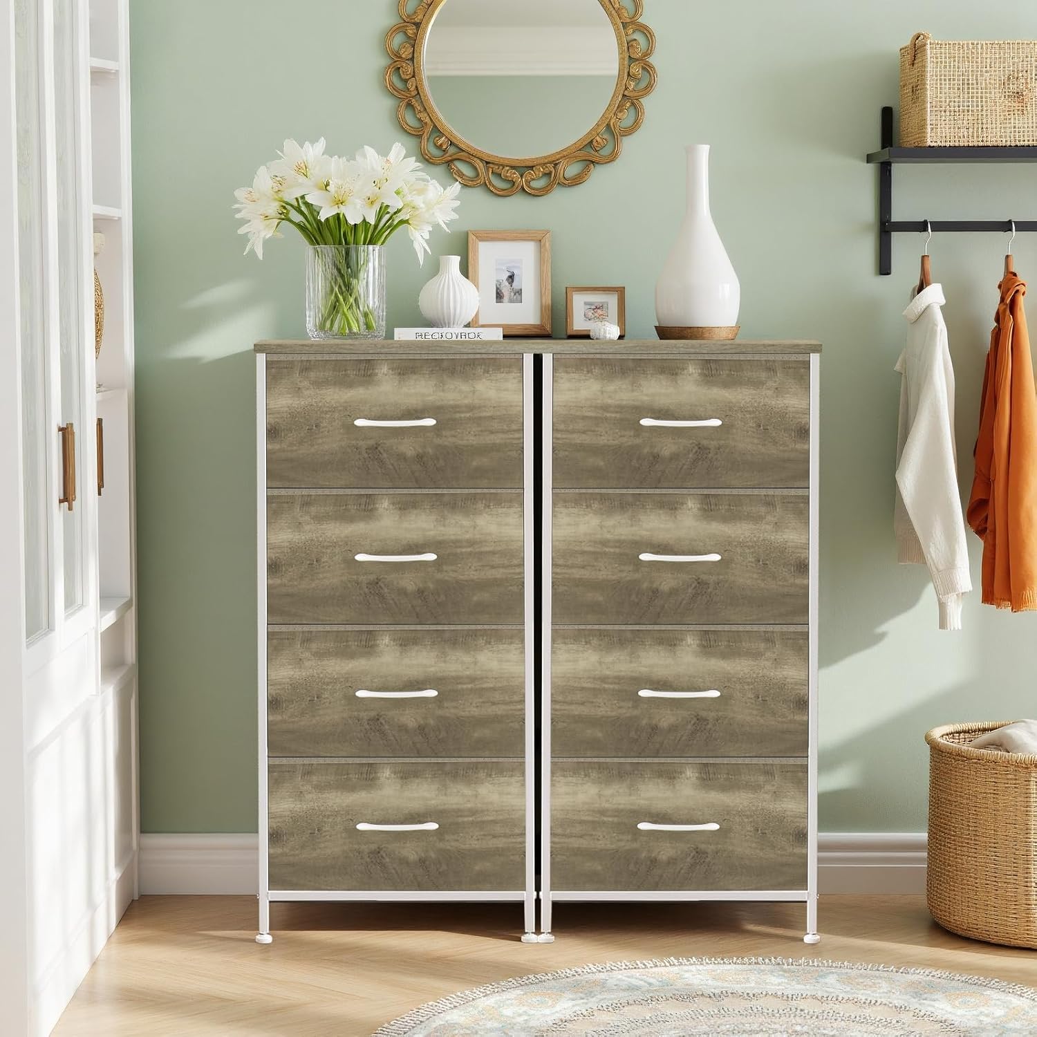 ACCVER Dresser for Bedroom 4 Storage drawer, Fabric Closet Chests Organizer Tower with Wooden Top Metal Frame for Living Room Hallway Entryway, Oak