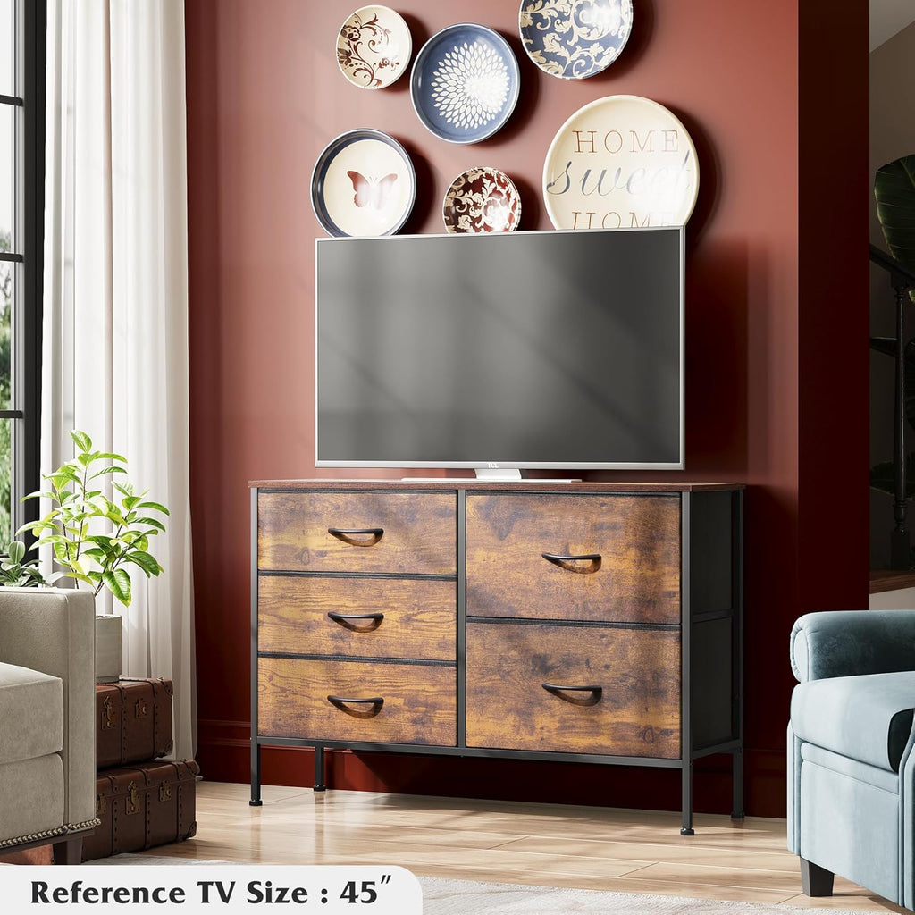 ACCVER 5-Drawer Fabric Dresser with Wood Top & Metal Frame, Closet and Chest for Bedroom, Clothes Storage Organizer, for Living Room, Apartment,Brown