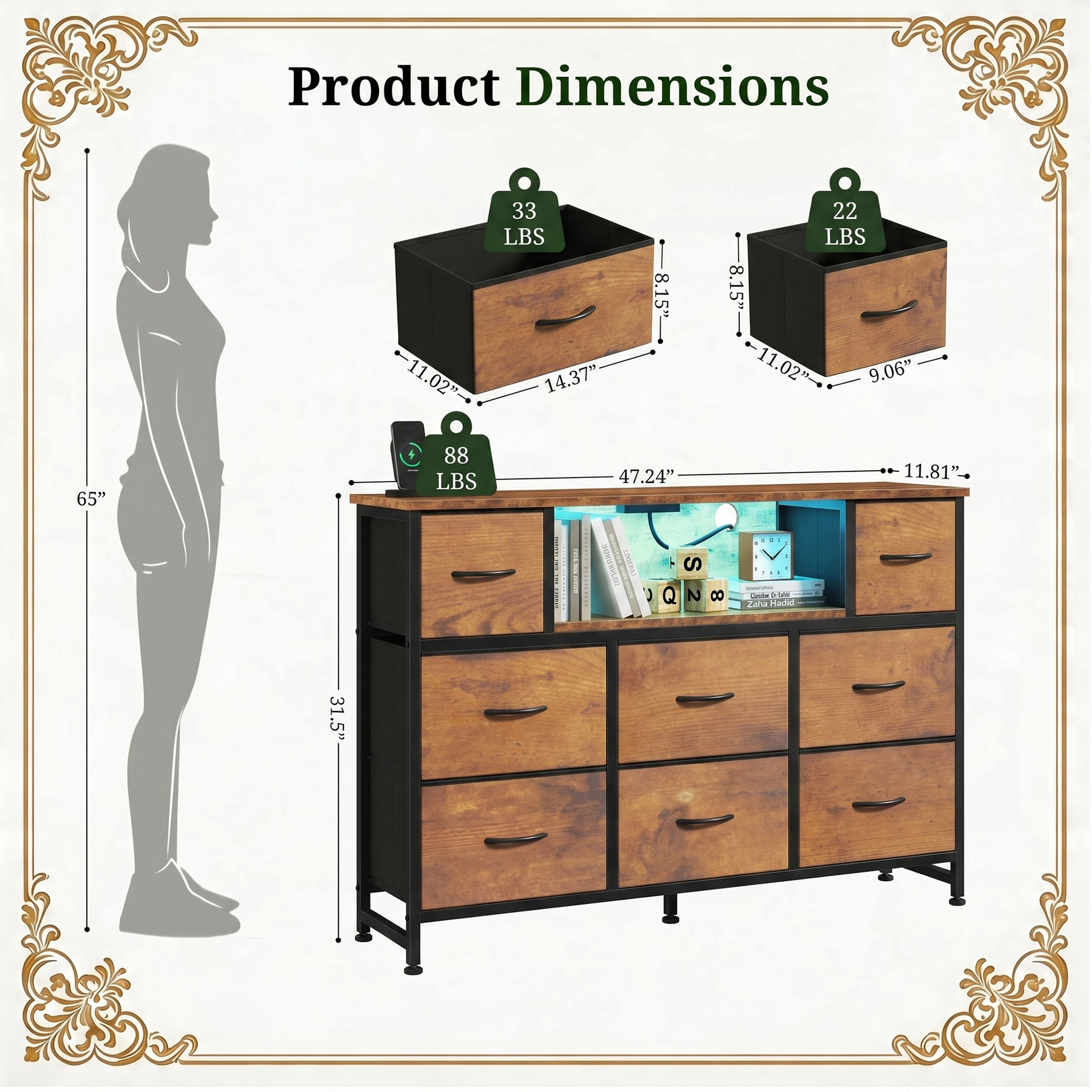 LIFERECORD Dresser TV Stand for 45-55 Inch, Chest of Drawers with LED Lights & USB Ports, Entertainment Center with Charging Station, Wood Top Media Console for Bedroom
