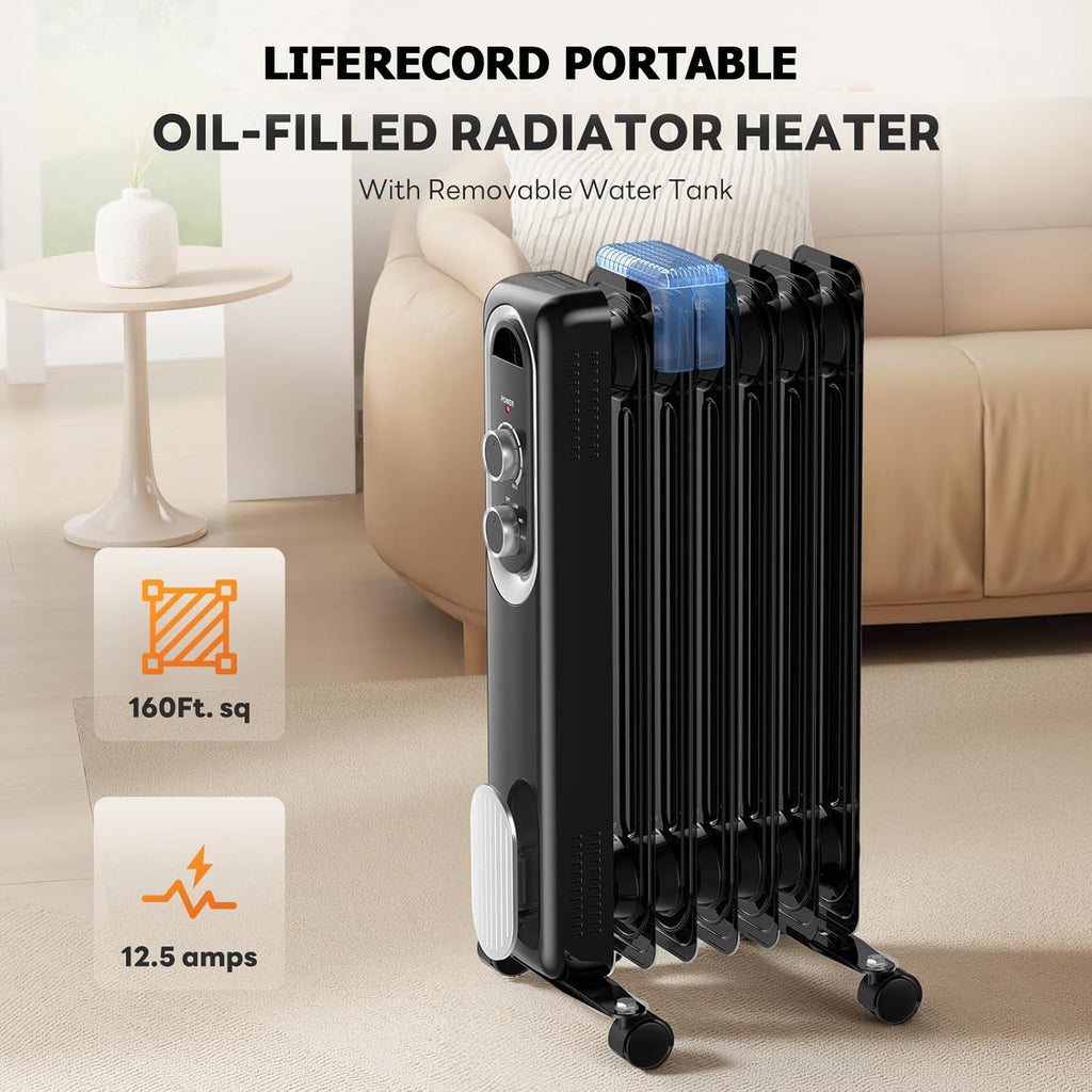 LIFERECORD Oil Filled Radiator, Electric Radiant Heaters for indoor use, Safe Lock, , Overheat & Tip-Over Protection, Adjustable Thermostat, Quiet, 1500W, 26" Black