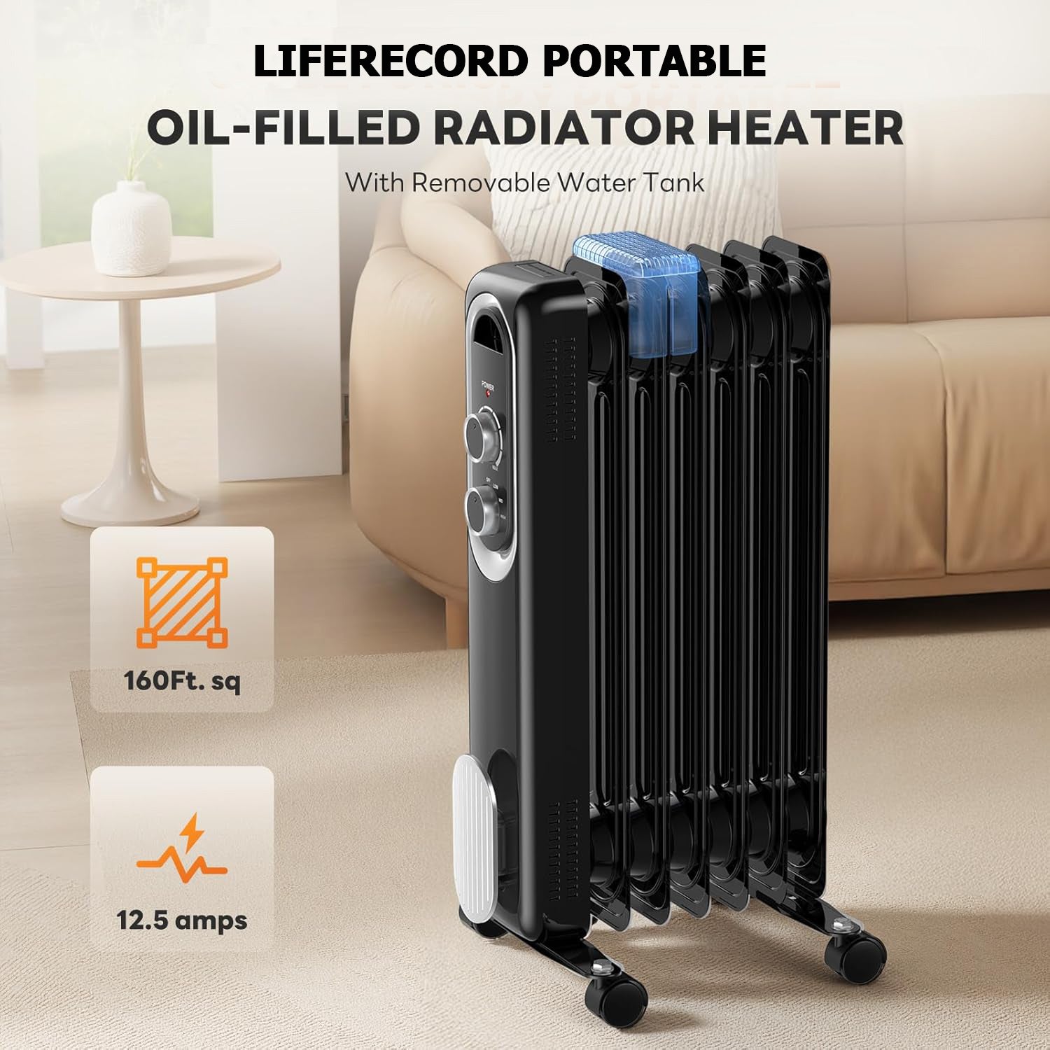 LIFERECORD Oil Filled Radiator, Electric Radiant Heaters for indoor use, Safe Lock, , Overheat & Tip-Over Protection, Adjustable Thermostat, Quiet, 1500W, 26" Black