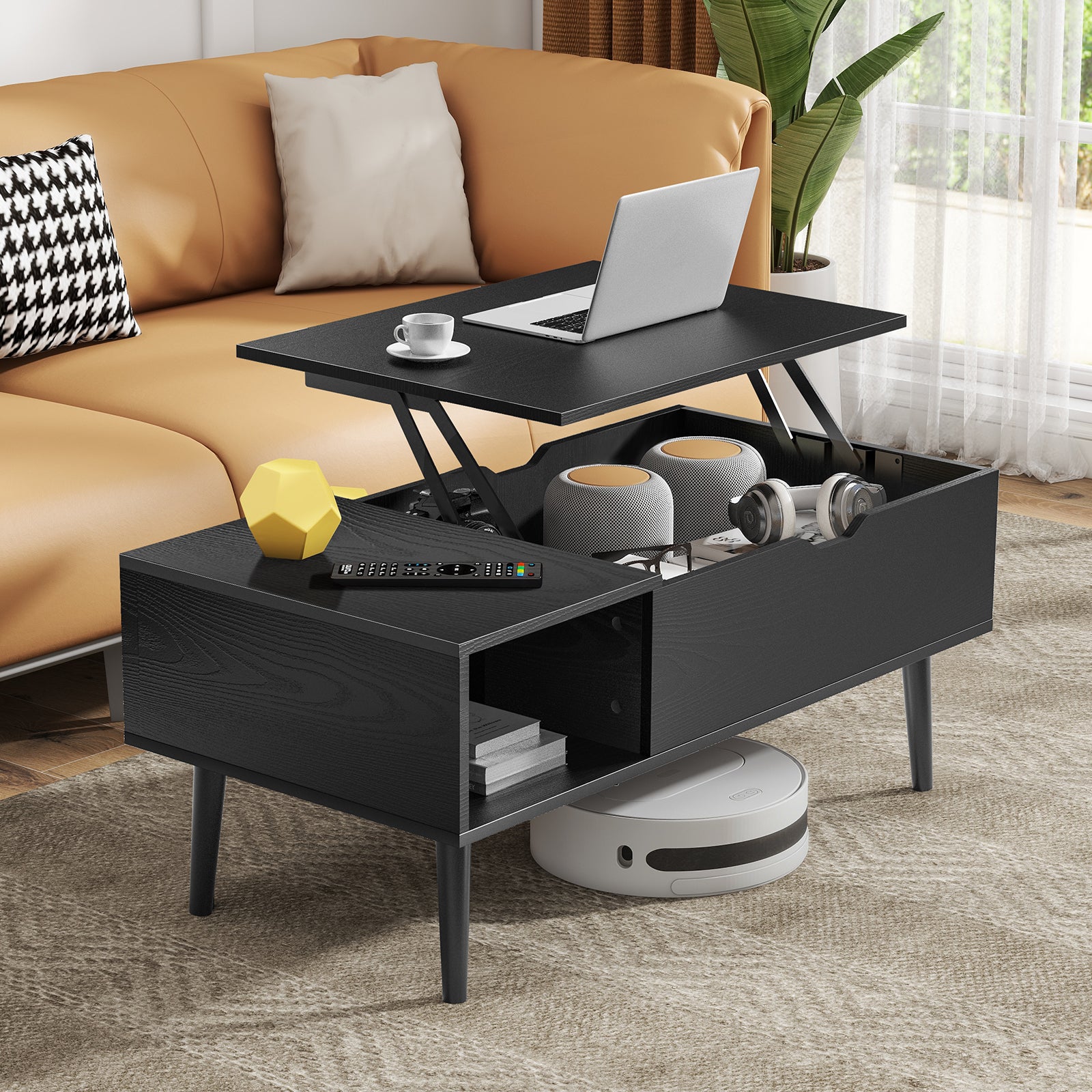 LIFERECORD Lift Top Coffee Table with Hidden Compartment, Wooden Center Tables with Storage Shelf for Living Room, Reception Room, Classic Black