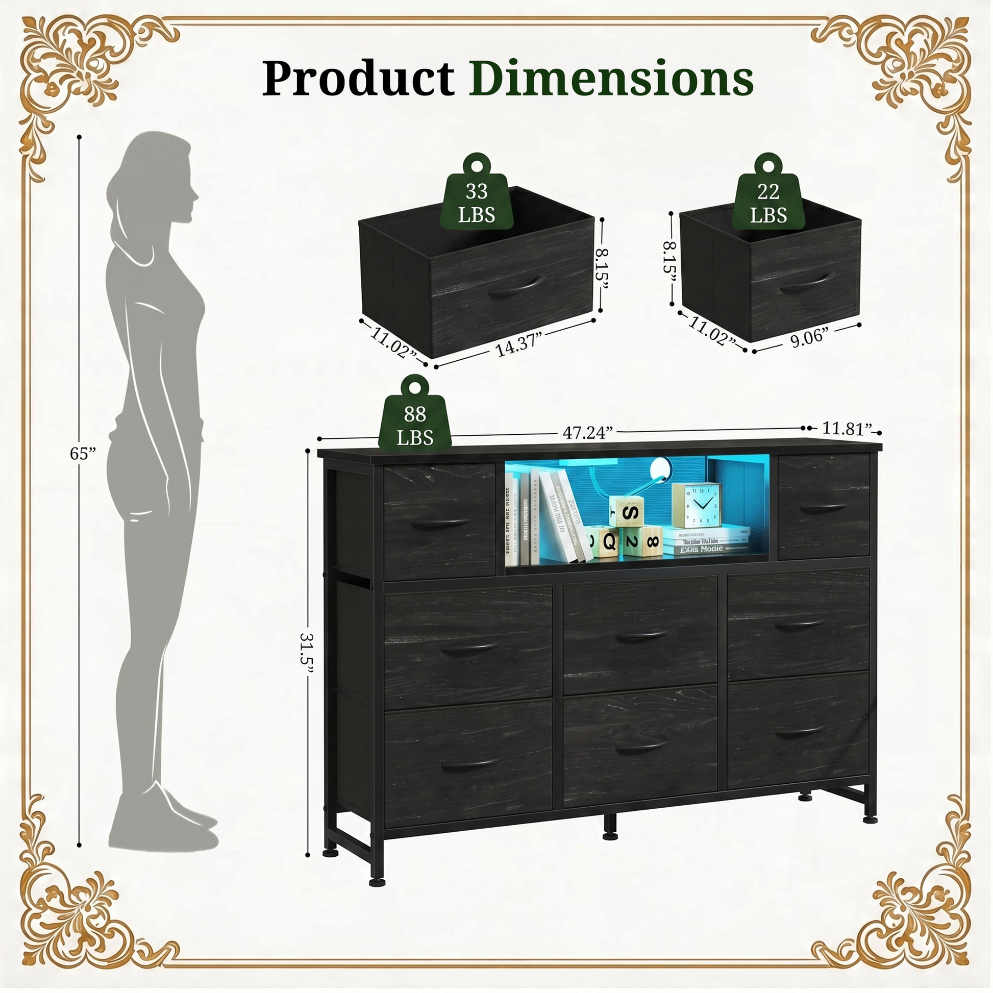 LIFERECORD Dresser TV Stand for 45-55 Inch, Chest of Drawers with LED Lights & USB Ports, Entertainment Center with Charging Station, Wood Top Media Console for Bedroom