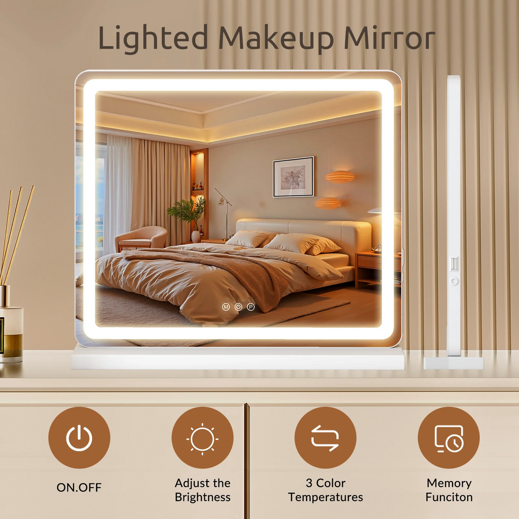 LIFERECORD Lighted Makeup Mirror, 19"*22" Vanity Mirror with LED, 3 Lighting Modes, Dimmable Touch Control, USB Charging Port for Desk, Dorm, Bedroom