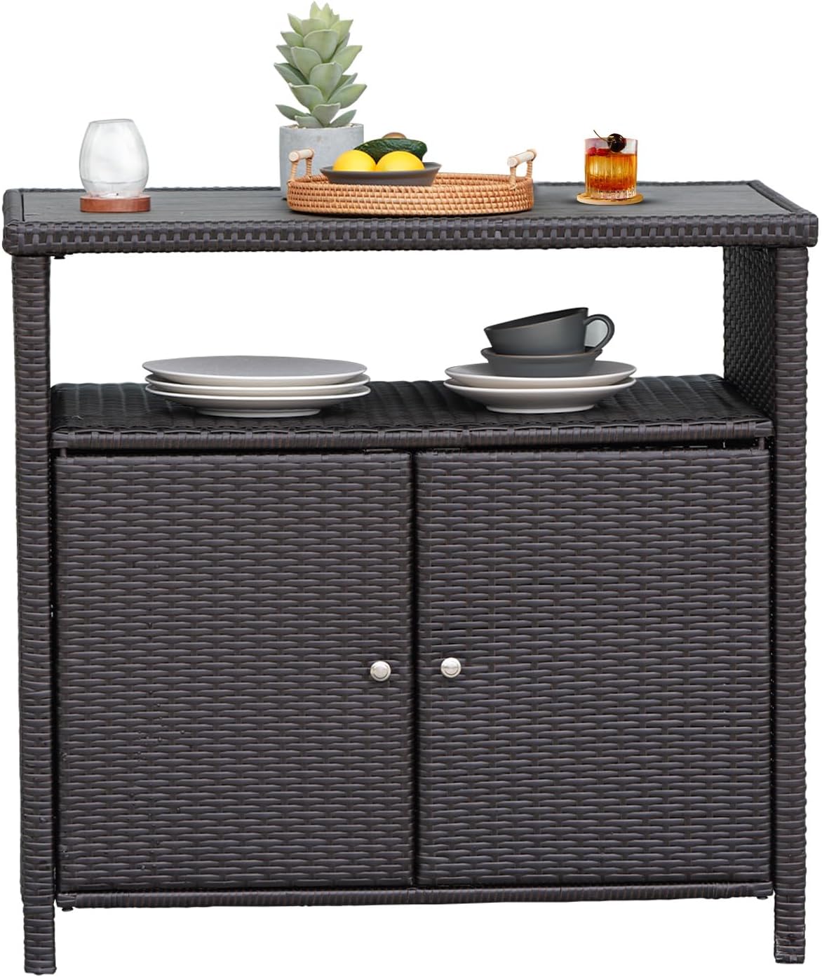 LIFERECORD Outdoor Waterproof Wicker Storage Cabinet, 2-Door Buffet Sideboard with Shelves, Rust-Proof Steel Frame, Patio Bar Table for Garden/Kitchen