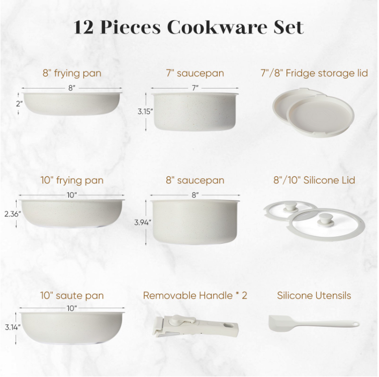LIFERECORD 12-Piece Nonstick Pots and Pans Set, Granite Coating Cookware Set with Detachable Handle, Induction Compatible, Oven & Dishwasher Safe, Includes Frying Pans, Saucepan & Utensils Beige