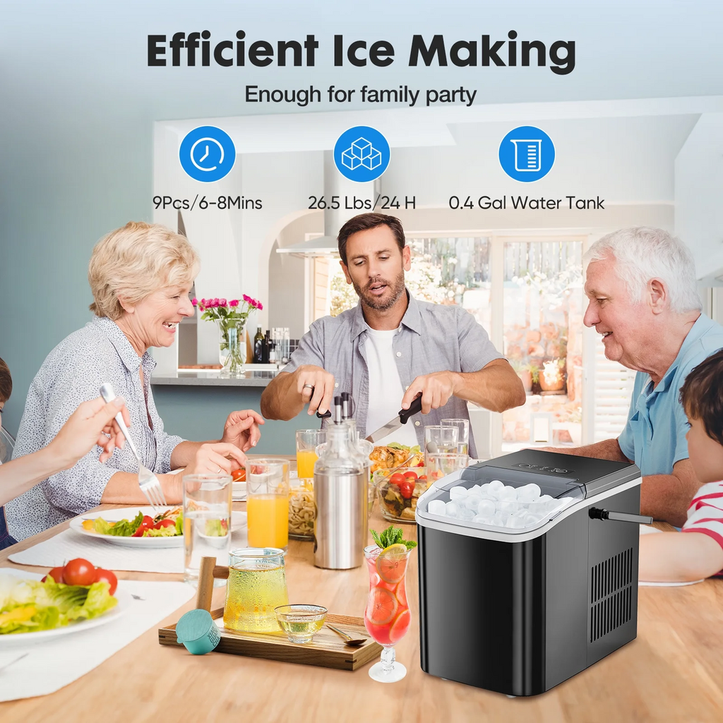 LIFERECORD Portable Ice Maker Countertop with Handle, 6 Mins for 9 Bullet Ice, 26lbs/24H, Self-Cleaning Compact Ice Machine for Home, Kitchen, Camping & Parties