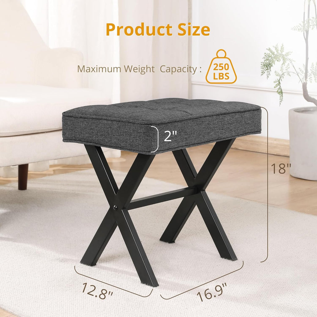LIFERECORD Square Linen Makeup Stool with X-Leg Base - Modern Padded Vanity Stool & Foot Rest for Bedroom and Bathroom, Gray