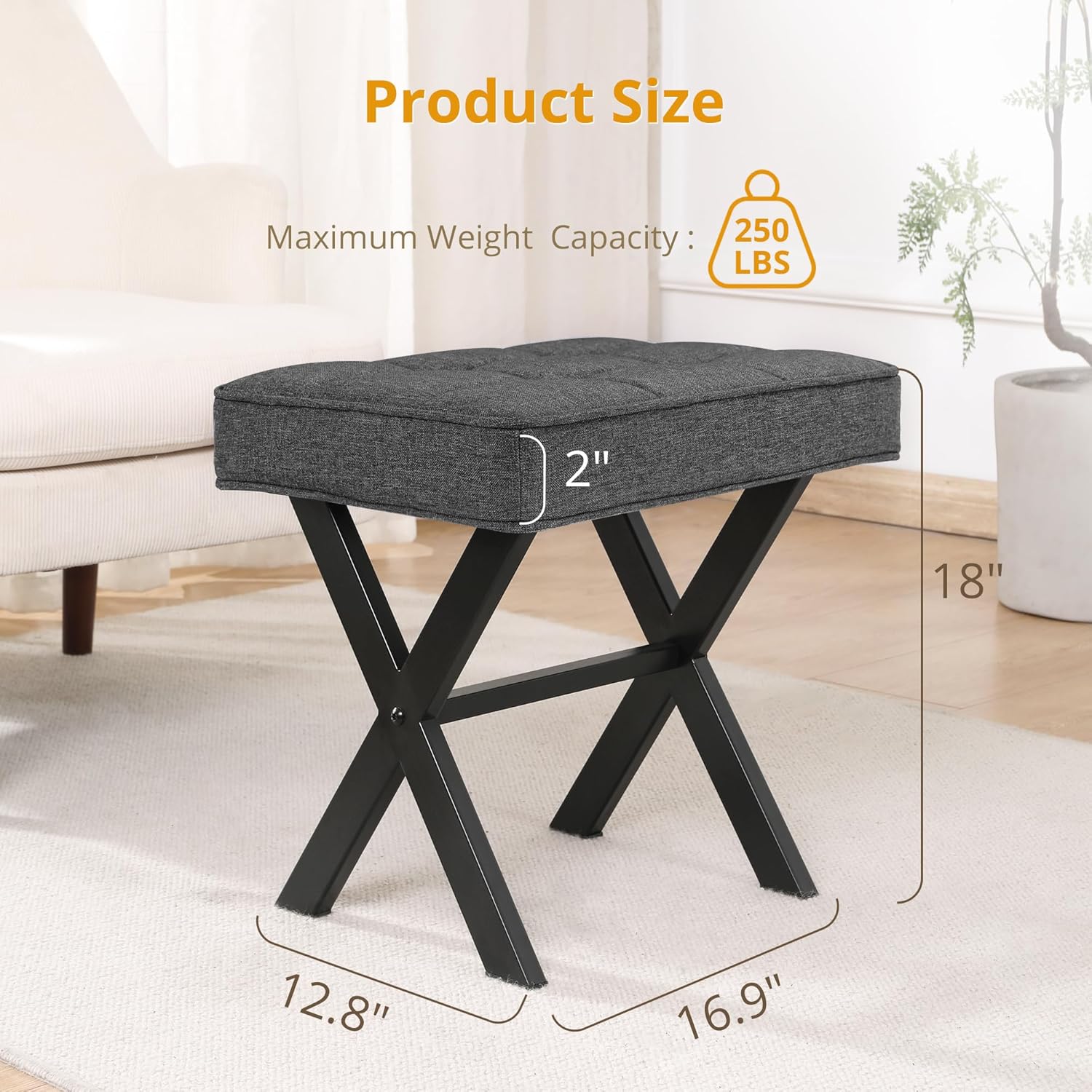 LIFERECORD Square Linen Makeup Stool with X-Leg Base - Modern Padded Vanity Stool & Foot Rest for Bedroom and Bathroom, Gray