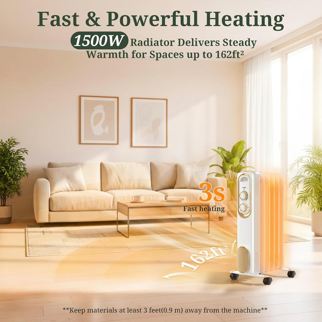 ROSVOVO 1500W Oil Filled Radiator Heater - 3 Heat Settings, Adjustable Thermostat, Ultra Quiet Portable Space Heater for Bedroom & Office, White