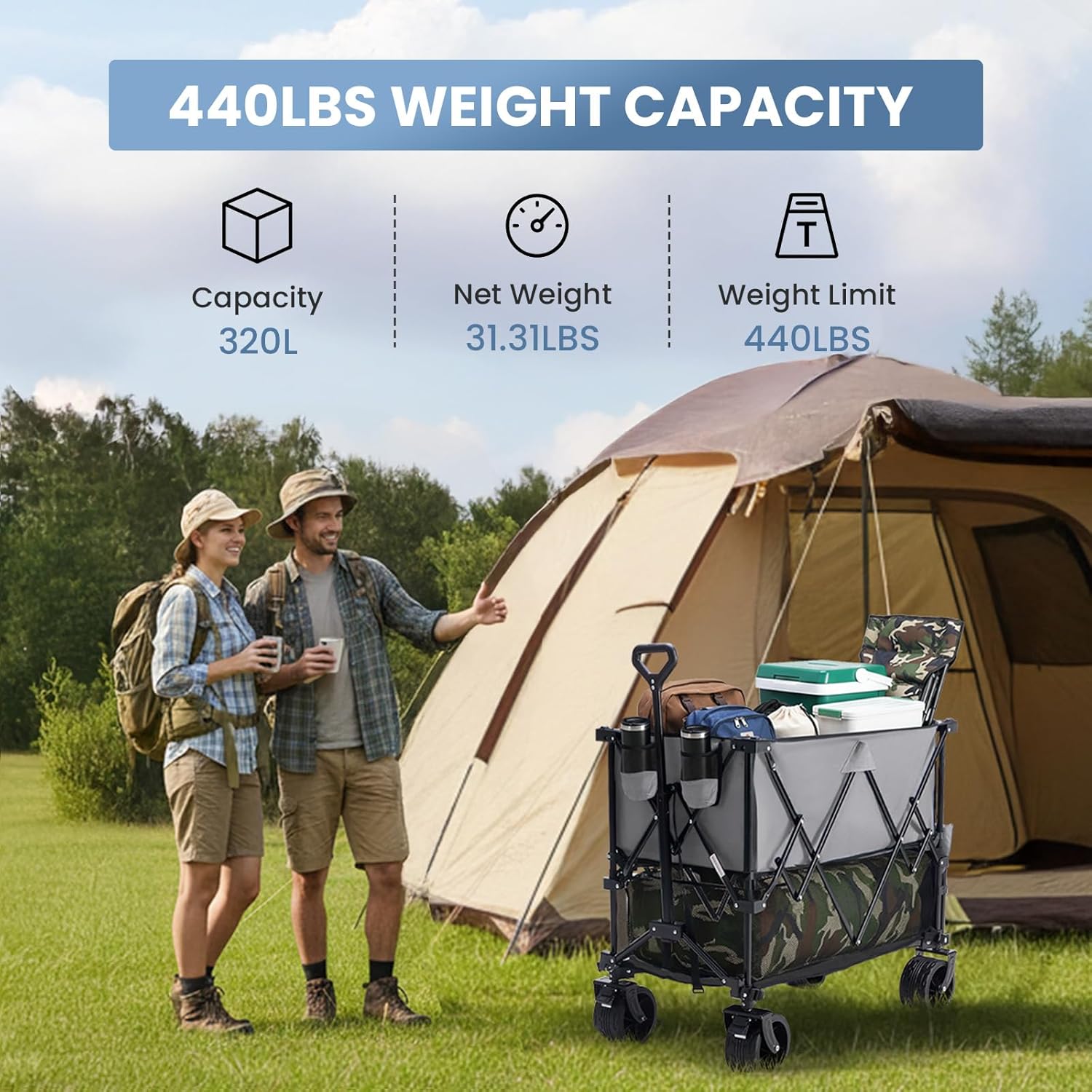 LIFERECORD Heavy-Duty Folding Wagon Cart - 440lb Capacity Foldable Utility Cart with Adjustable Handle & All-Terrain Wheels, Gray