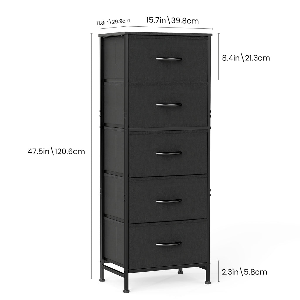 ACCVER Dresser for Bedroom 5 Storage drawer, Fabric Closet Chests Organizer Tower with Wooden Top Metal Frame for Living Room Hallway Entryway, Black