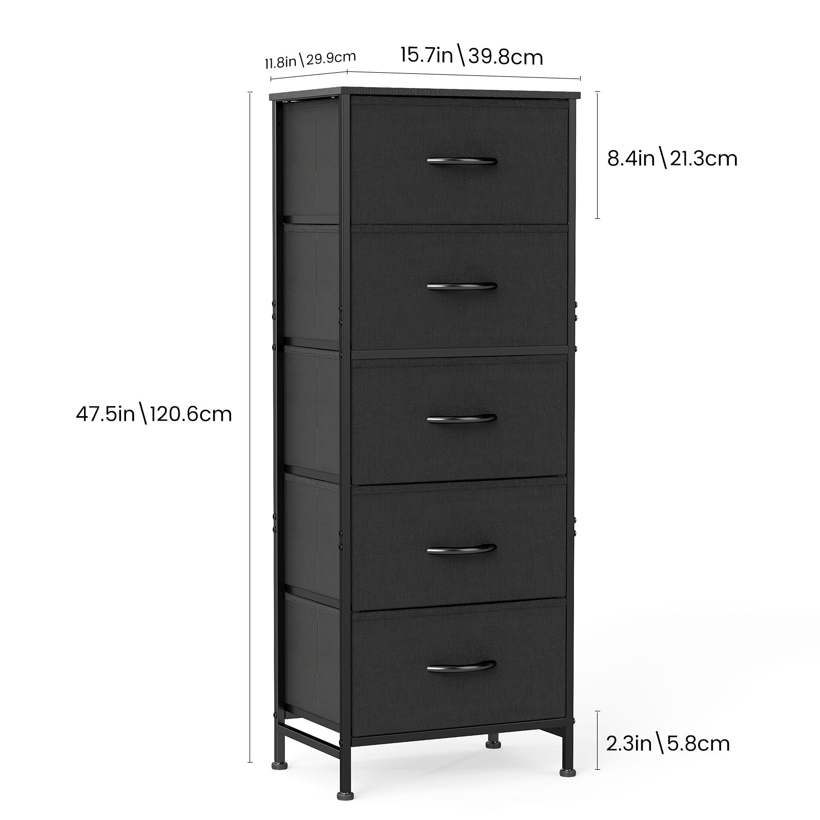 ACCVER Dresser for Bedroom 5 Storage drawer, Fabric Closet Chests Organizer Tower with Wooden Top Metal Frame for Living Room Hallway Entryway, Black
