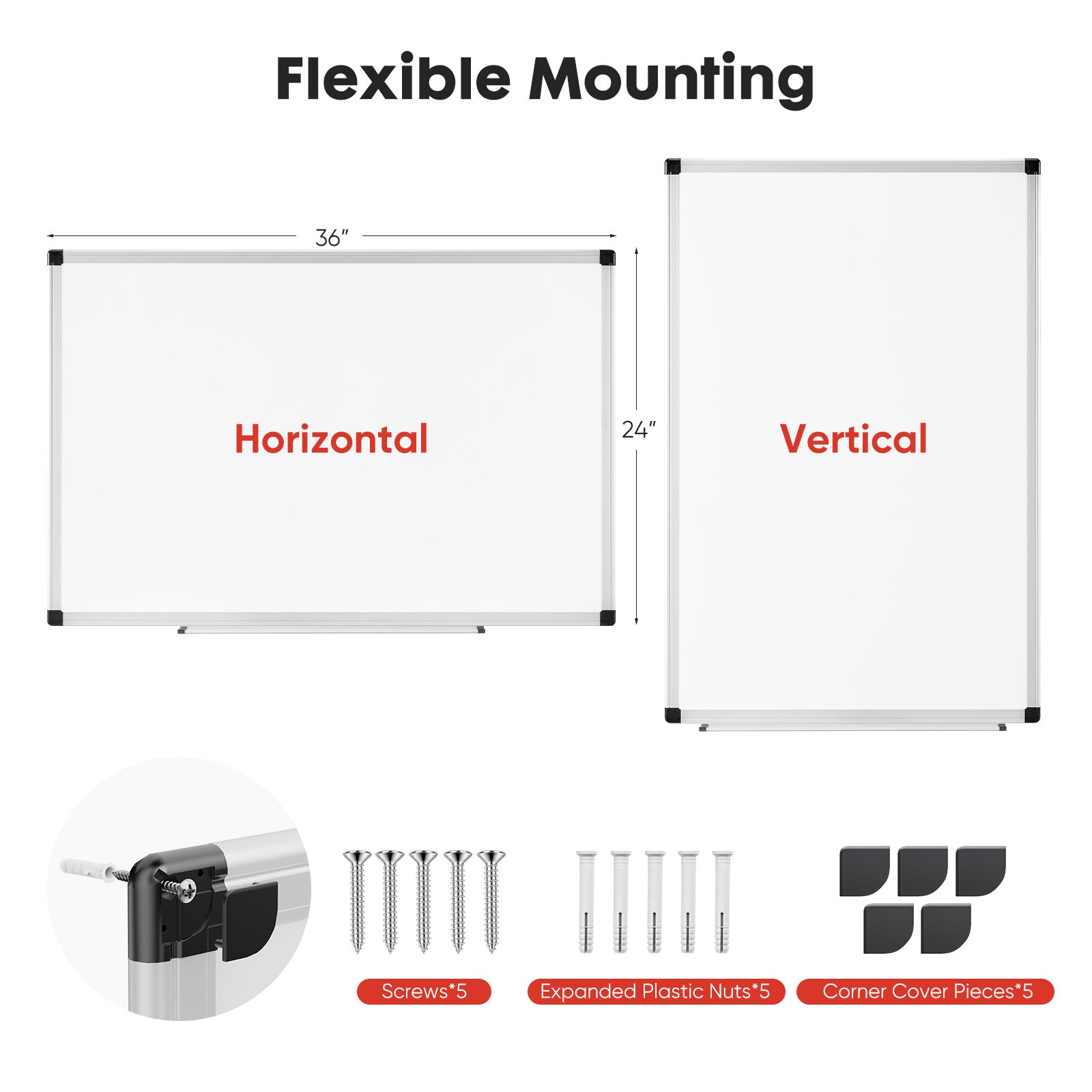 ROSVOVO 36x24 Inch Magnetic Dry Erase Board for Wall - Aluminum Frame Whiteboard Kit with Pen Tray, Markers & Magnets for Office, Home & Classroom