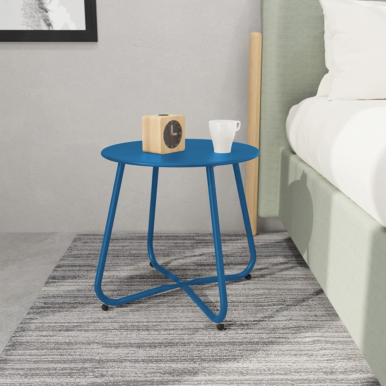 ACCVER Outdoor Side Table, 18-inch Small Round Side Snack Table with Adjustable Feet, Anti-Rust Metal End Accent Table for Patio Porch Balcony, Blue