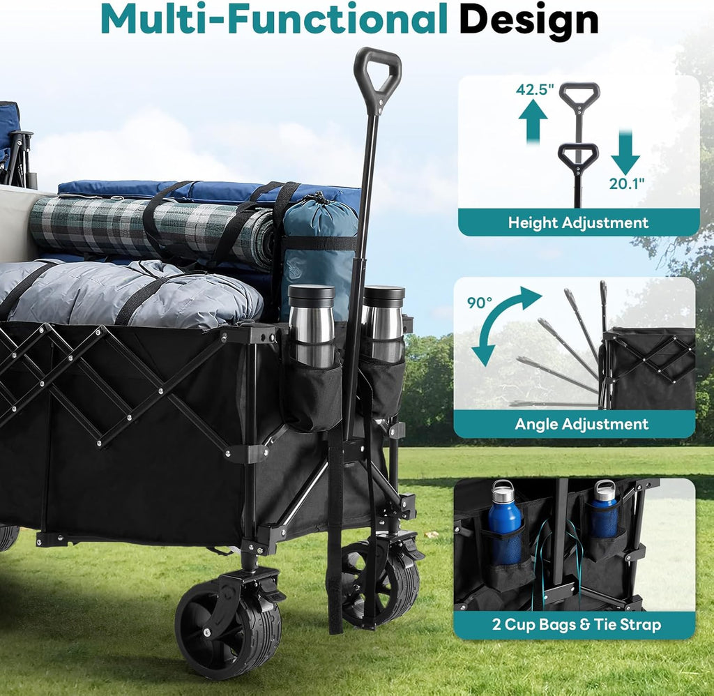 ACCVER Heavy Duty Collapsible Wagon Cart - 440LBS Capacity Folding Utility Cart w/ All-Terrain Wheels for Camping, Beach, Grocery, Sports (Foldable & Portable), Extra Large Black