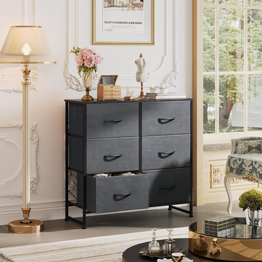 ACCVER Dresser for Bedroom 6 Storage drawer, Fabric Closet Chests Organizer Tower with Wooden Top Metal Frame for Living Room Hallway Entryway