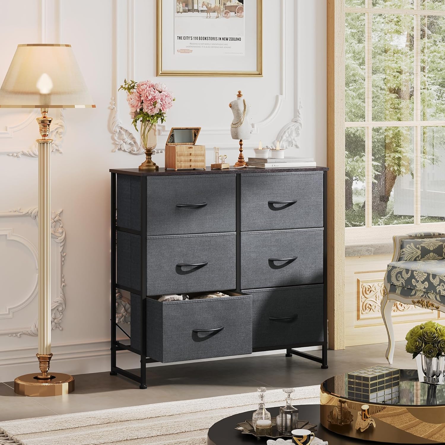 ACCVER Dresser for Bedroom 6 Storage drawer, Fabric Closet Chests Organizer Tower with Wooden Top Metal Frame for Living Room Hallway Entryway