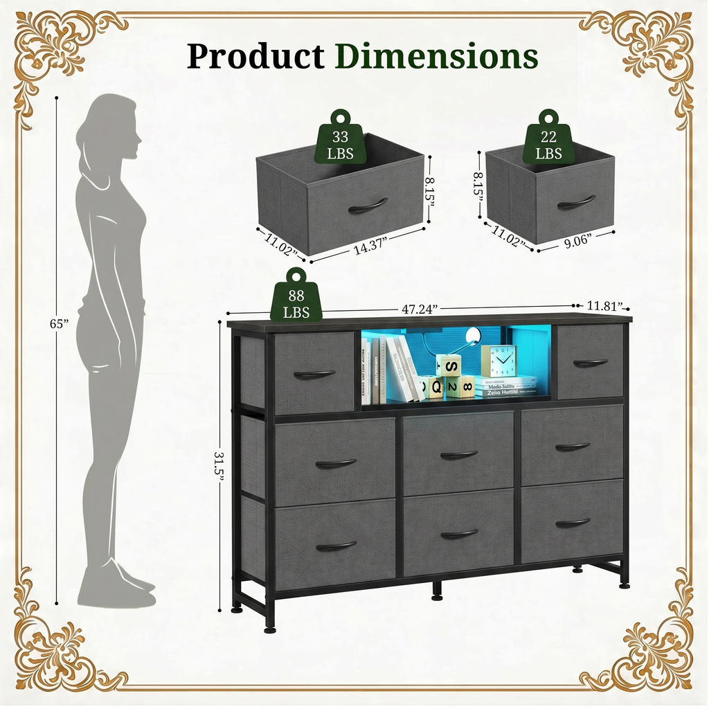 LIFERECORD Dresser TV Stand for 45-55 Inch, Chest of Drawers with LED Lights & USB Ports, Entertainment Center with Charging Station, Wood Top Media Console for Bedroom
