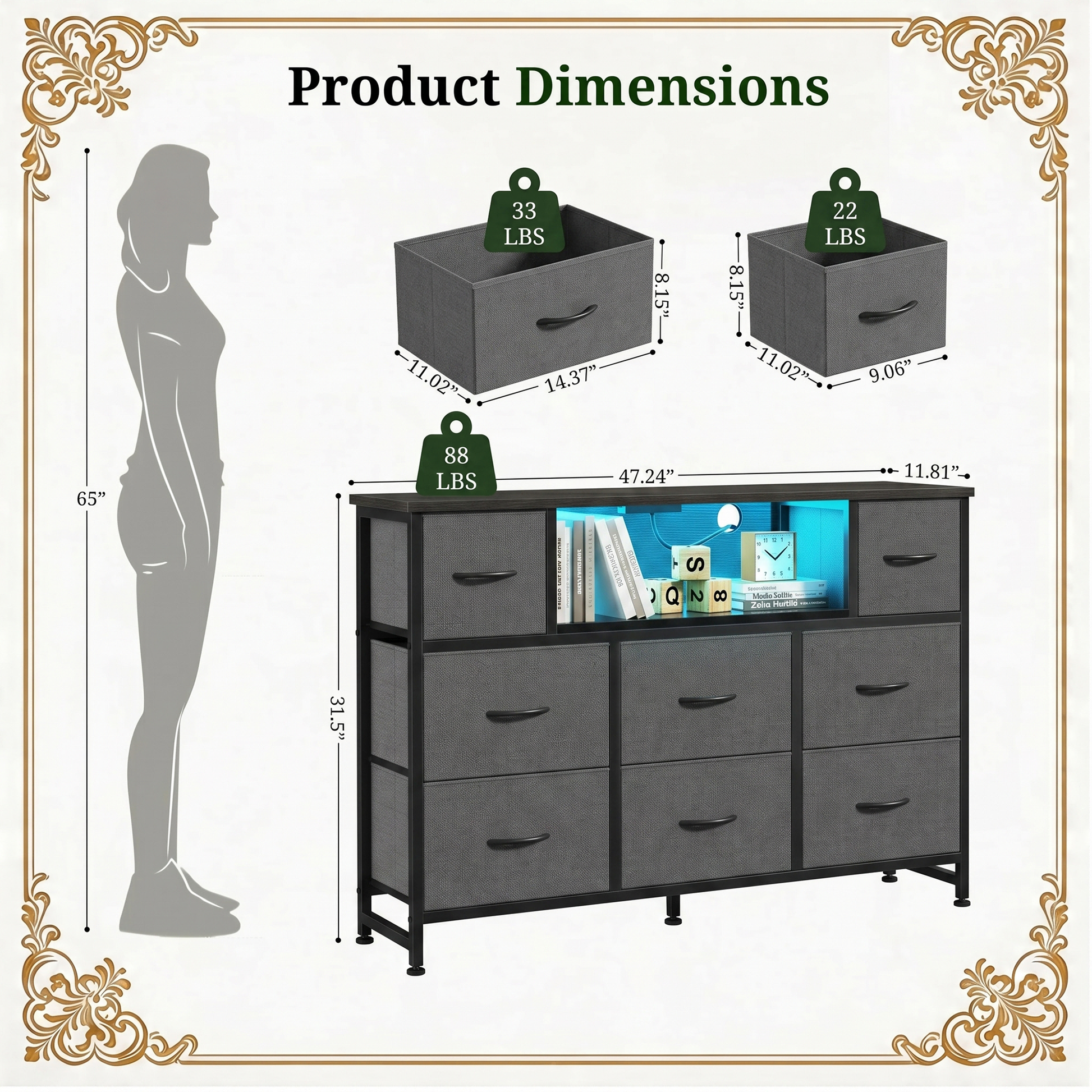 LIFERECORD Dresser TV Stand for 45-55 Inch, Chest of Drawers with LED Lights & USB Ports, Entertainment Center with Charging Station, Wood Top Media Console for Bedroom